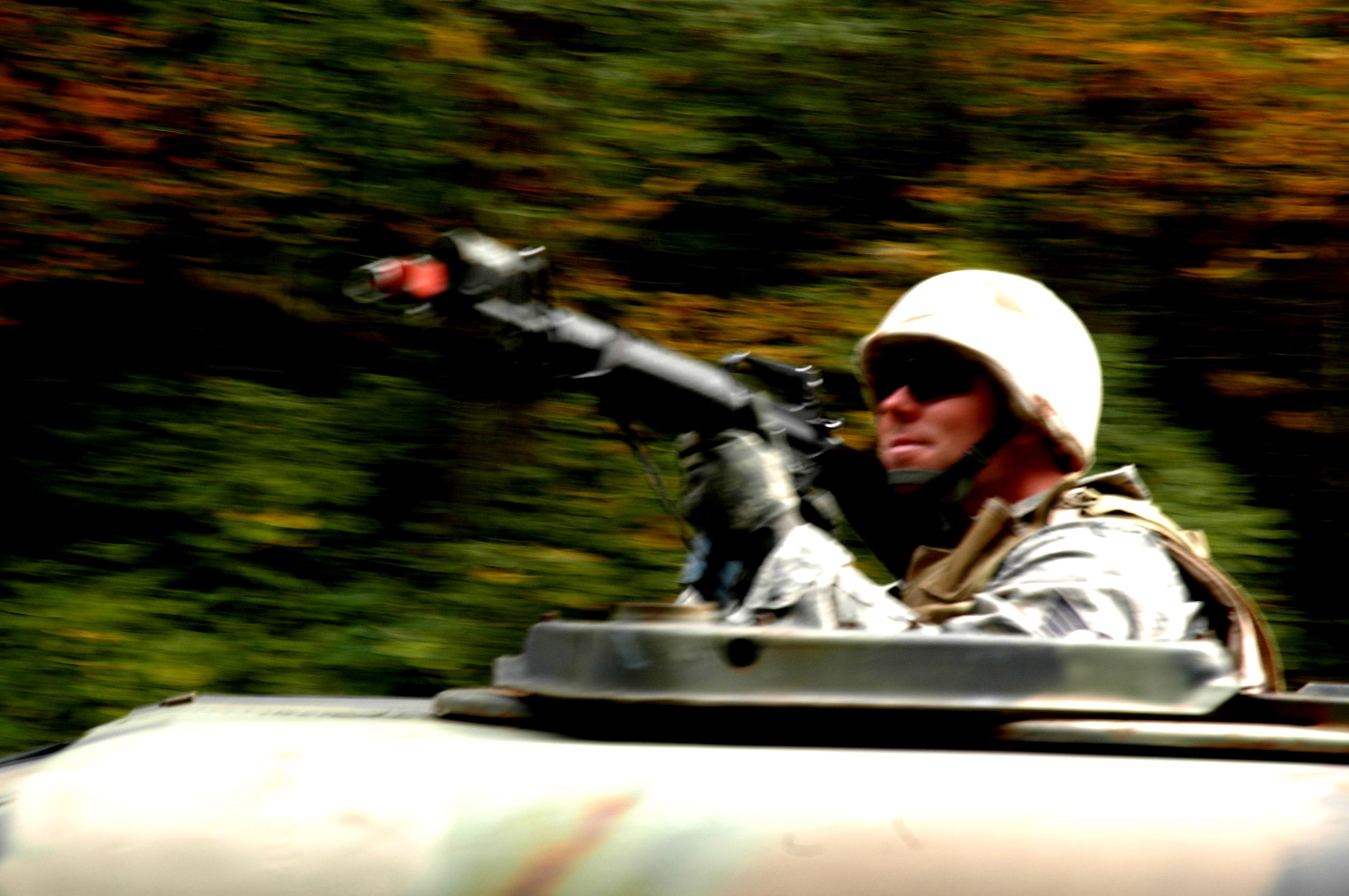 Staff Sgt. Robert Wagner, from Peterson Air Force Base, Colo., participates in convoy operations training as part of being a student in the Advanced Contingency Skills Training Course 09-1 on a Fort Dix, N.J., range Oct. 9, 2008.  ACST, taught by the U.S. Air Force Expeditionary Center's 421st Combat Training Squadron, prepares Airmen for upcoming deployments.  (U.S. Air Force Photo/Staff Sgt. Paul R. Evans)