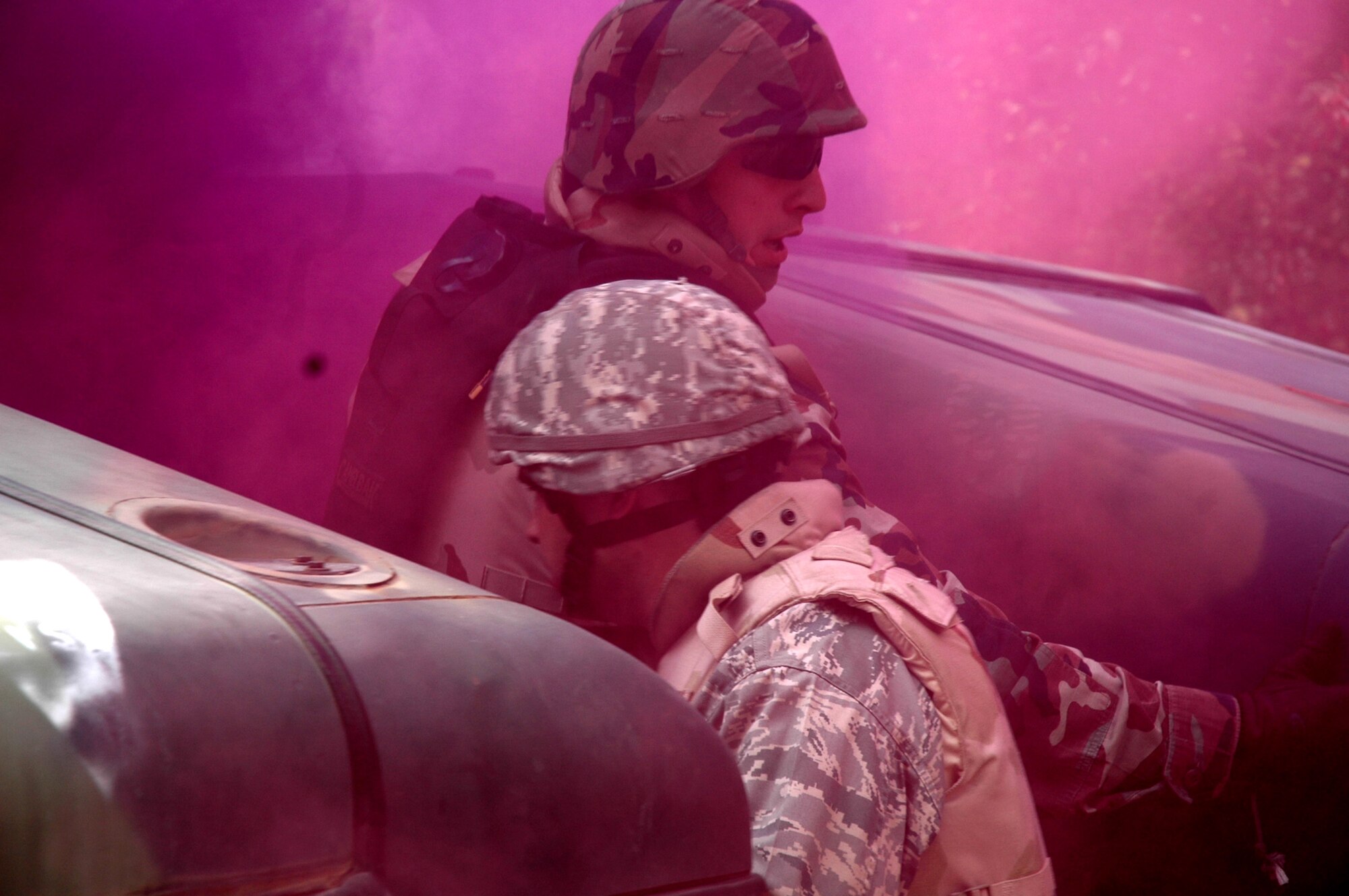 Students in the Advanced Contingency Skills Training Course 09-1 react to a scenario during convoy operations training on a Fort Dix, N.J., range Oct. 9, 2008.  ACST is taught by the U.S. Air Force Expeditionary Center's 421st Combat Training Squadron and prepares Airmen for upcoming deployments.  (U.S. Air Force Photo/Staff Sgt. Paul R. Evans)


(U.S. Air Force Photo/Staff Sgt. Paul R. Evans)

