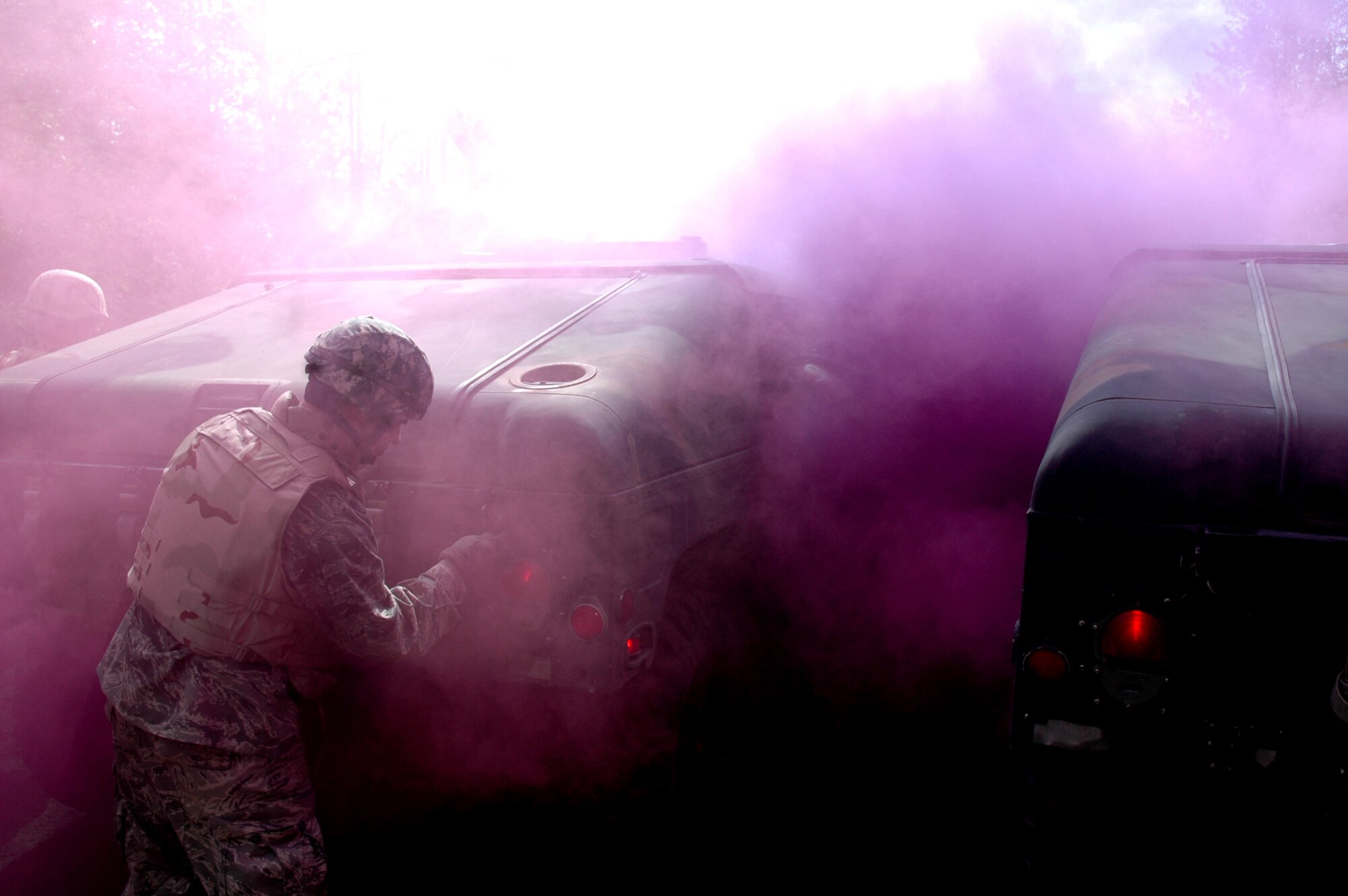 Students in the Advanced Contingency Skills Training Course 09-1 react to a scenario during convoy operations training on a Fort Dix, N.J., range Oct. 9, 2008.  ACST is taught by the U.S. Air Force Expeditionary Center's 421st Combat Training Squadron and prepares Airmen for upcoming deployments.  (U.S. Air Force Photo/Staff Sgt. Paul R. Evans)
