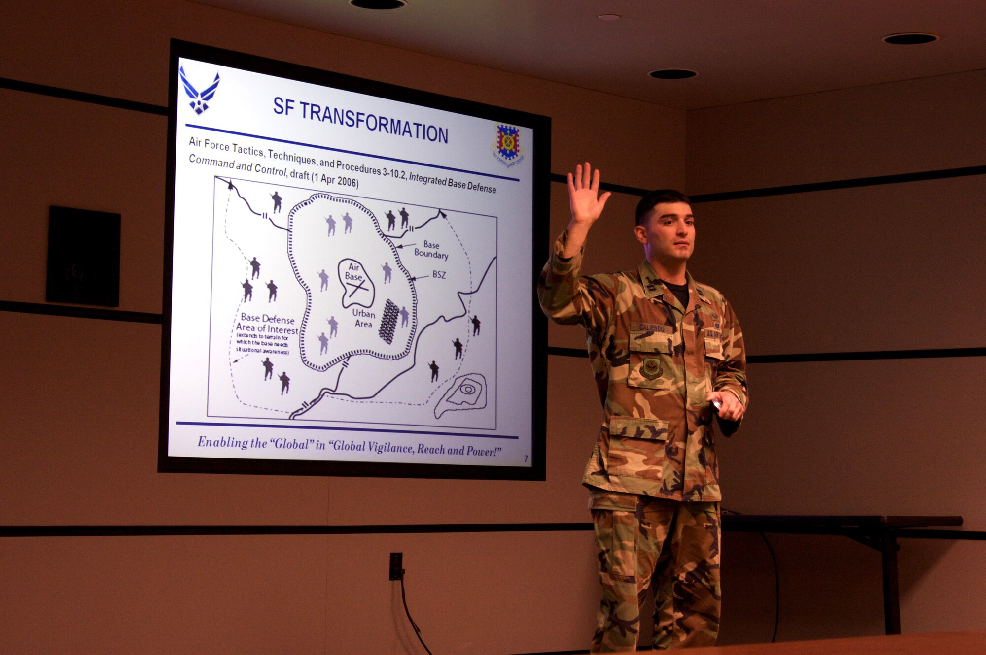 Capt. Paulino Caliendo, U.S. Air Force Expeditionary Center legal officer, teaches a course Oct. 7, 2008, for the Advanced Contingency Skills Training Course 09-1 inside the center.  Captain Caliendo helps teach areas such as rules of use of force and engagement and the Law of Armed Conflict.  (U.S. Air Force Photo/Tech. Sgt. Lionel Castellano)