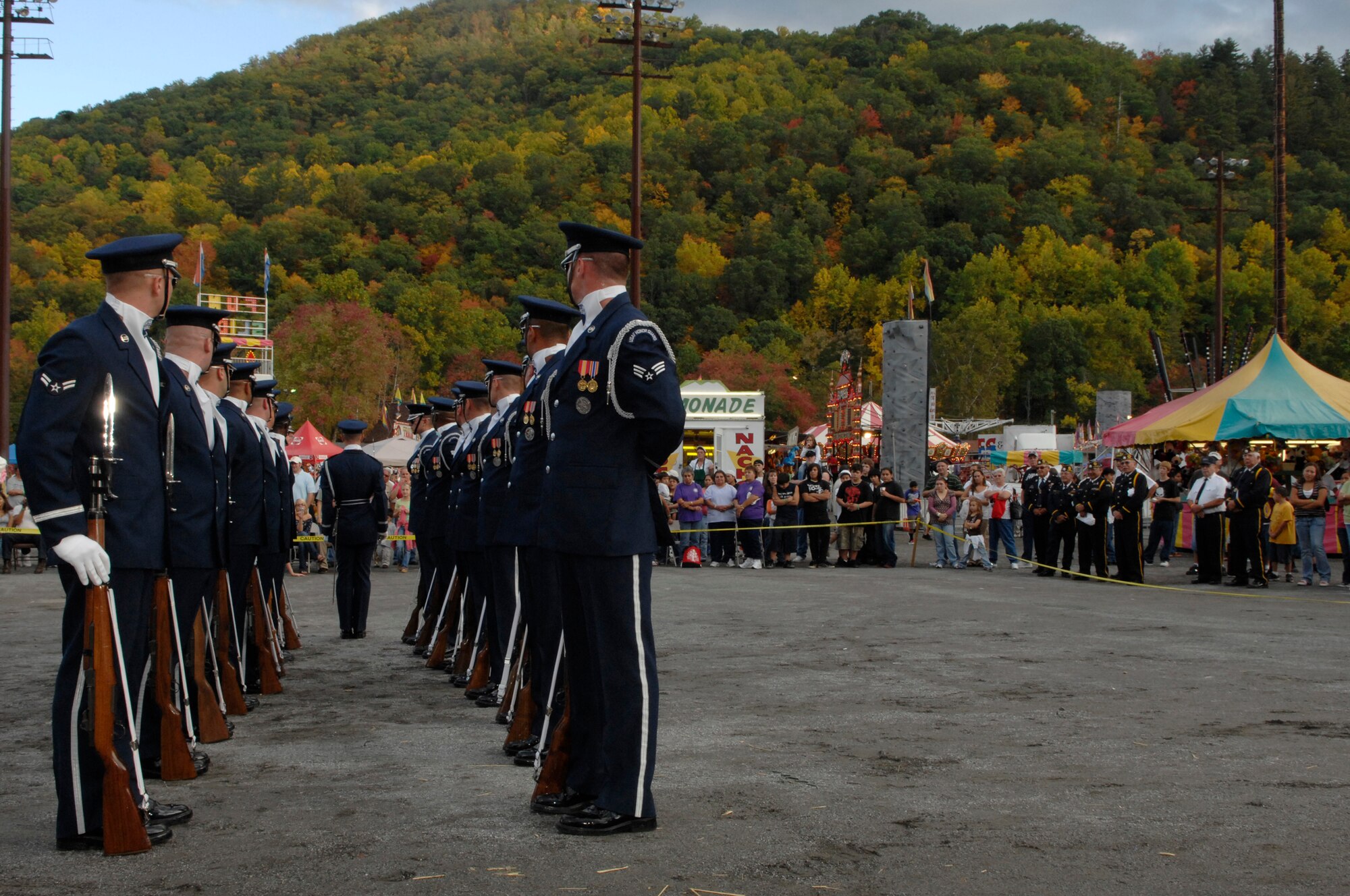 The U.S. Air Force Honor Guard Drill performs Oct. 10 at the 96th Annual Cherokee Indian Fair in Cherokee, N.C. The drill team is the traveling component of the Honor Guard and tours worldwide representing all Airmen while showcasing Air Force precision. (U.S. Air Force photo by Senior Airman Tim Chacon)