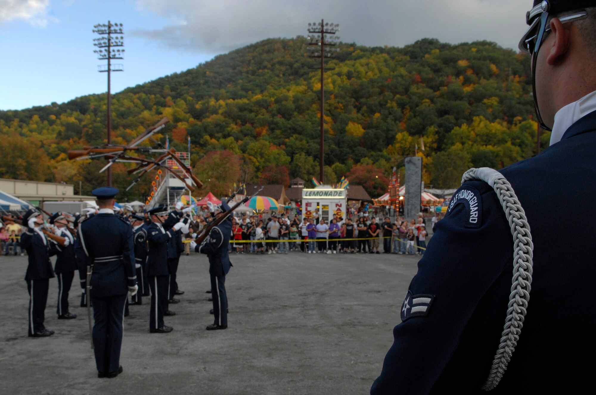 The U.S. Air Force Honor Guard Drill performs Oct. 10 at the 96th Annual Cherokee Indian Fair in Cherokee, N.C. The drill team is the traveling component of the Honor Guard and tours worldwide representing all Airmen while showcasing Air Force precision. (U.S. Air Force photo by Senior Airman Tim Chacon)