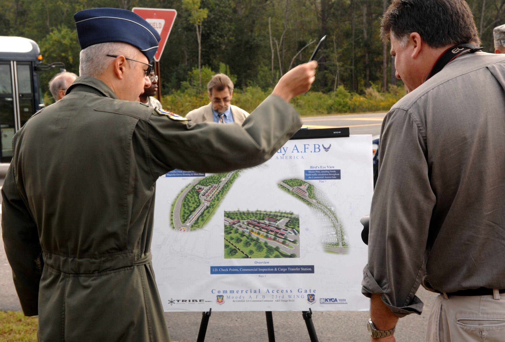 MOODY AIR FORCE BASE, Ga. – Col. Kenneth Todorov, 23rd Wing Commander, explains plans for a new base gate during a ground breaking ceremony Oct. 14 here. The 23rd Civil Engineer Squadron hosted several ground-breaking ceremonies to celebrate the beginning of construction on a new dormitory, base gate and engine repair shop. (U.S. Air Force photo by Airman Joshua Green) 
