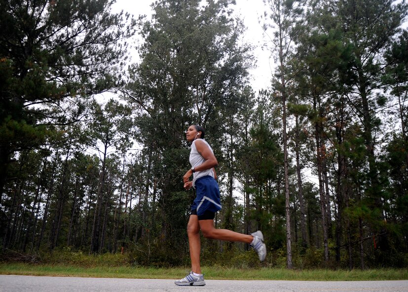 MOODY AIR FORCE BASE, Ga. -- An Airman participating in the Airman 1st Class Leebernard Chavis Memorial Workout runs toward the finish line Oct. 14 here. Airmen had a choice to run in a five-kilometer timed run or participate in a CrossFit exercise. (U.S. Air Force photo by Senior Airman Brittany Barker)