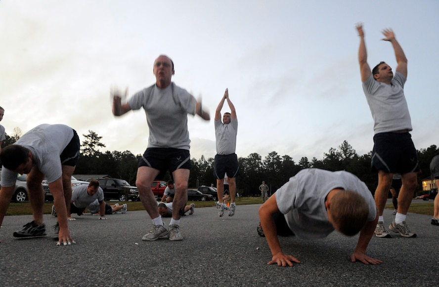 MOODY AIR FORCE BASE, Ga. -- Members of the 820th Security Forces Group, 93rd Air Ground Operations Wing, 23rd Security Forces Squadron and the current Airmen Leadership School class participate in a CrossFit exercise during the Airman 1st Class Leebernard Chavis Memorial Workout Oct. 14 here. Airman Chavis was killed in combat Oct. 14, 2006. (U.S. Air Force photo by Senior Airman Brittany Barker)