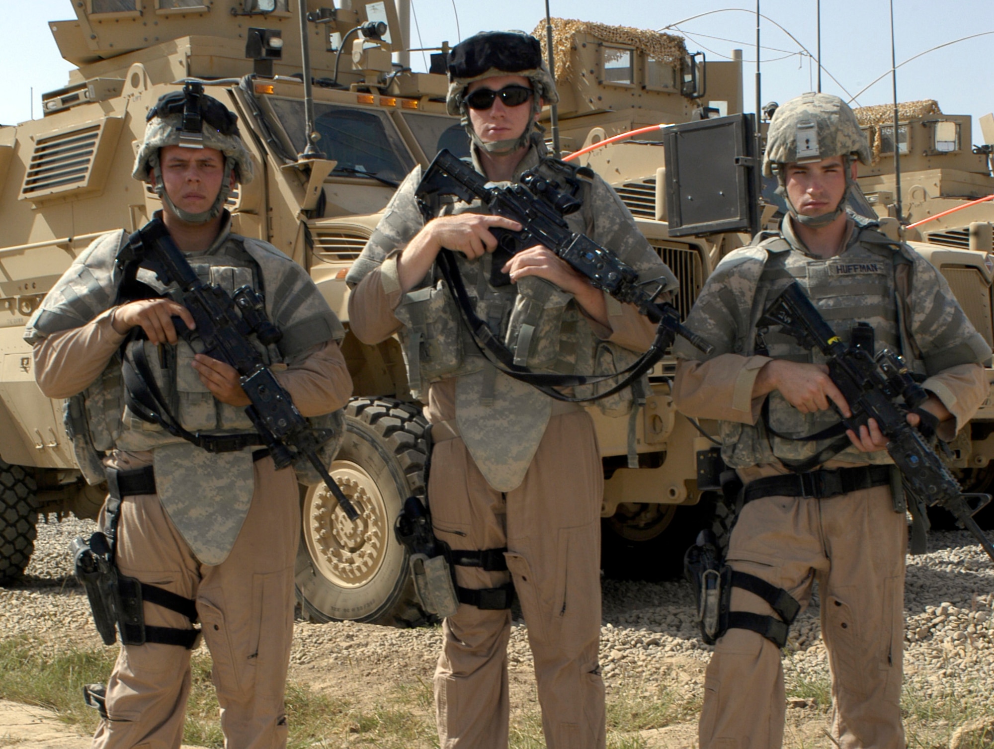 081007-F-2679L-185 
Airmen 1st Class Eric Babcock, Stephen Ellis and Andrew Huffman stand in front of several Mine Resistant Ambush Protected, or MRAP, vehicles Oct. 7 at Joint Base Balad, Iraq. The Airmen are deployed to the 532nd Expeditionary Security Forces Squadron's Quick Response Force from the 99th Security Forces Squadron at Nellis Air Force Base, Nev. The QRF Airmen will use MRAPs as part of their mission to defend the base both inside and outside the perimeter, a mission not conducted by the Air Force since the Vietnam War.  (U.S. Air Force photo/Tech. Sgt. Craig Lifton) 
