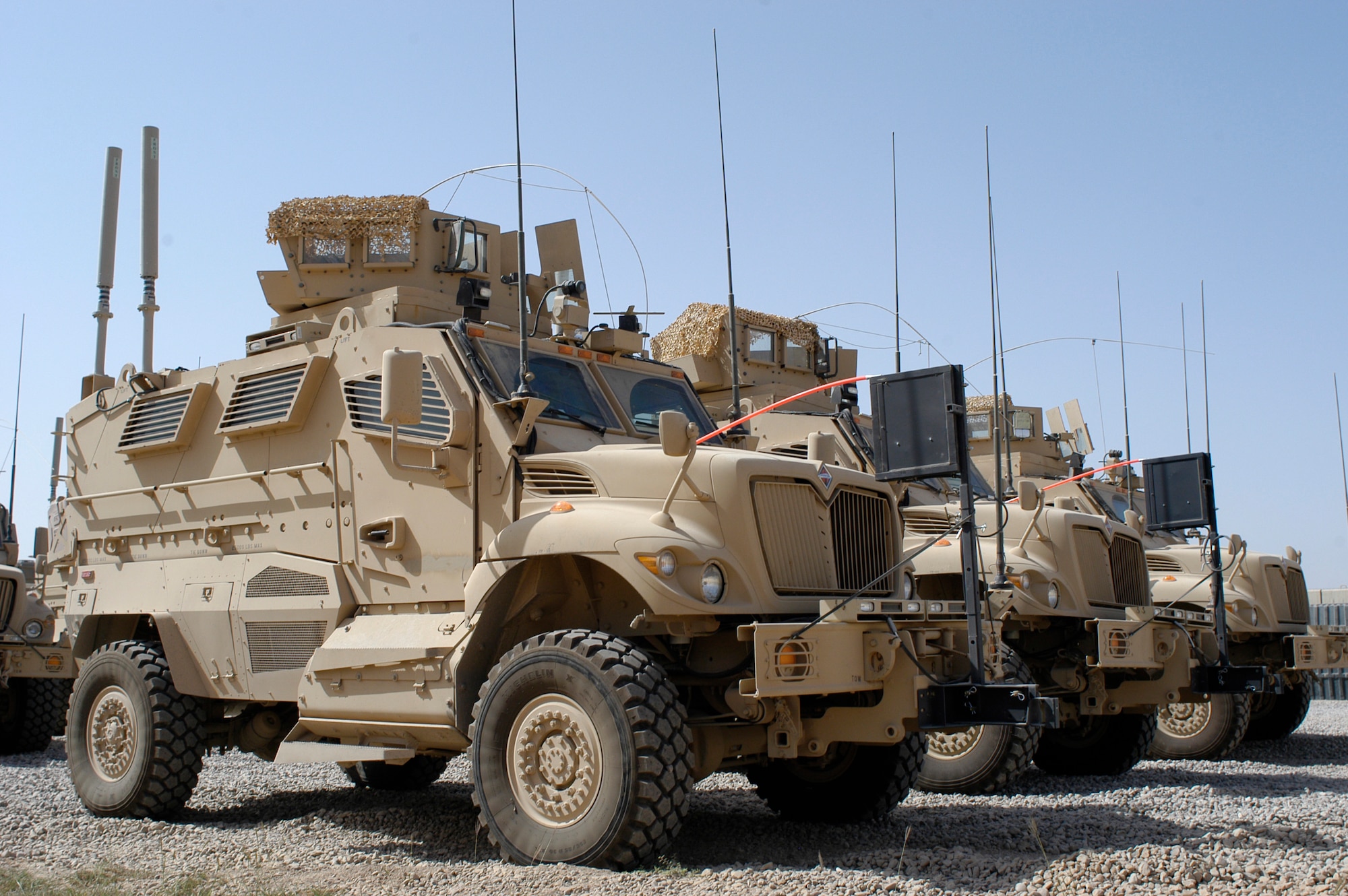 Mine Resistant Ambush Protected, or MRAP, vehicles sit in the 532nd Expeditionary Security Forces Group Quick Response Force parking area Oct. 7 at Joint Base Balad, Iraq. Air Force security forces personnel here have incorporated MRAPs into their mission to defend the base both inside and outside the perimeter, a mission not conducted by the Air Force since the Vietnam War. (U.S. Air Force photo/Tech. Sgt. Craig Lifton) 
