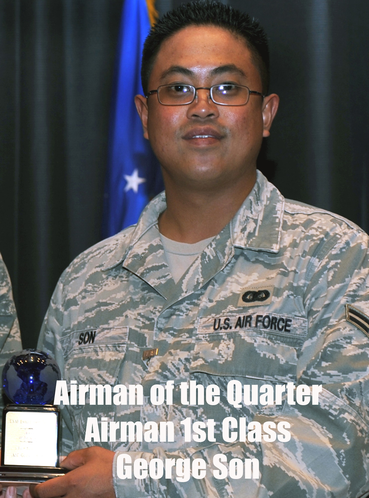 Airman 1st Class George Son, Expeditionary Operations School, was named the U.S. Air Force Expeditionary Center's Airman of the Quarter for July to September 2008.  (U.S. Air Force Photo/Staff Sgt. Nathan Bevier)