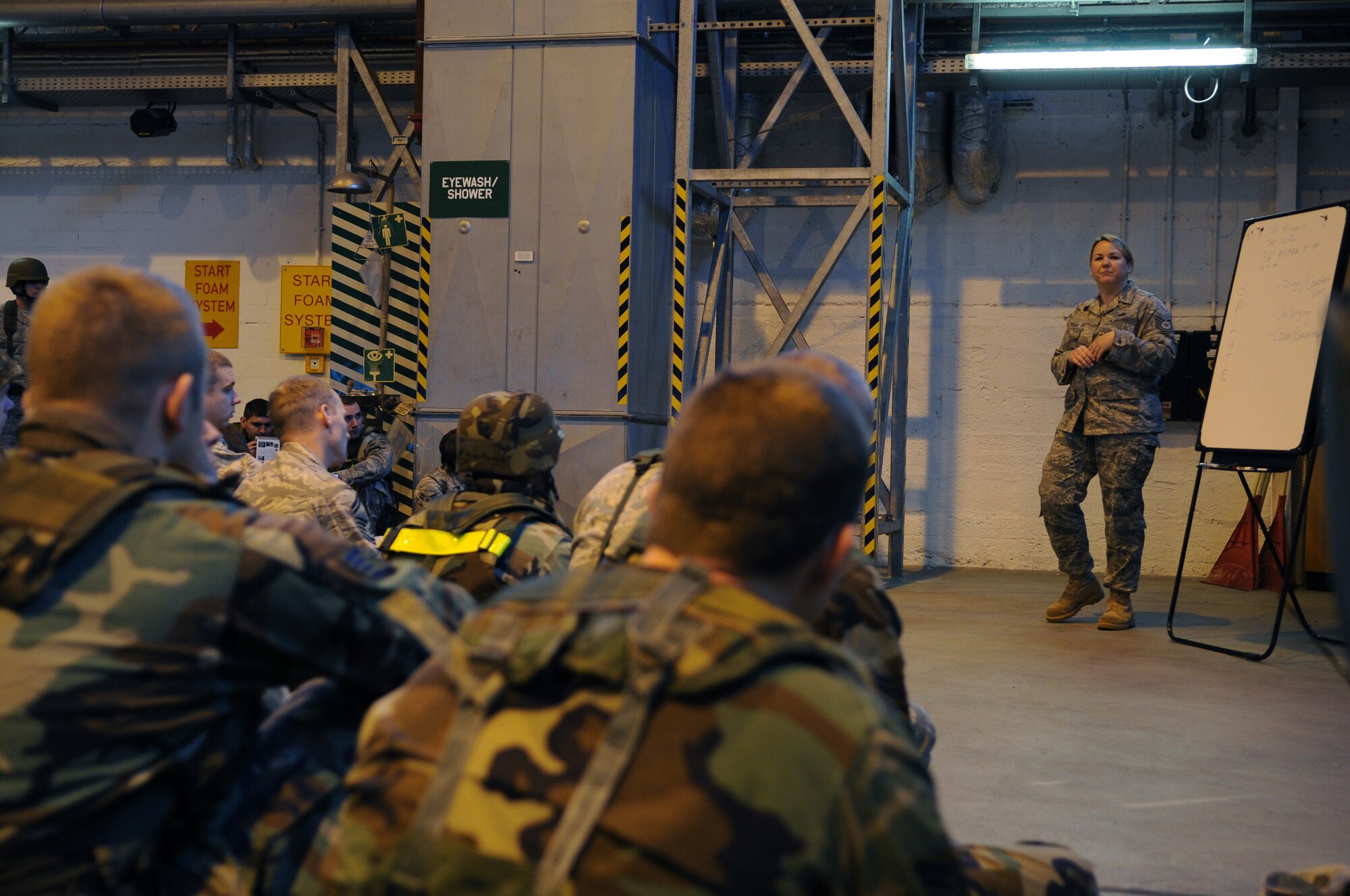 Technical Sgt. Gwendolyn Dodd, 435th Security Forces Squadron, gives a briefing on force protection to military members during warrior prep day, Ramstein Air Base, Germany, Oct. 17, 2008. The training is to enhance the ability to support the mission while on base or while being deployed. (U.S. Air Force photo by Airman 1st Class Caleb Pierce)(Released)