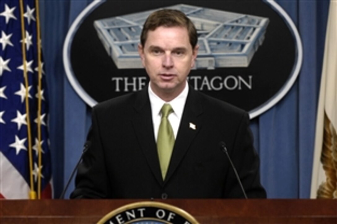 Principal Deputy Assistant Secretary of Defense for Public Affairs Robert Hastings speaks during the command activation ceremony for Defense Media Activity at the Pentagon, Oct. 20, 2008.