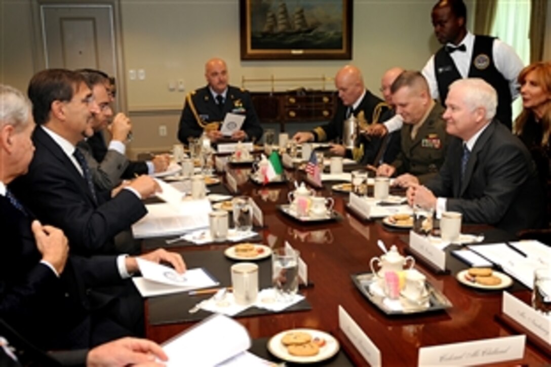 Defense Secretary Robert M. Gates, right, meets with Italian Minister of Defense Ignazio LaRussa at the Pentagon, Oct. 20, 2008.