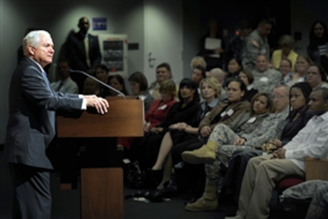 U.S. Defense Secretary Robert M. Gates speaks during the Wounded Warrior Summit at the Pentagon, Oct. 20, 2008. Gates promised continued Defense Department commitment to wounded warrior care.