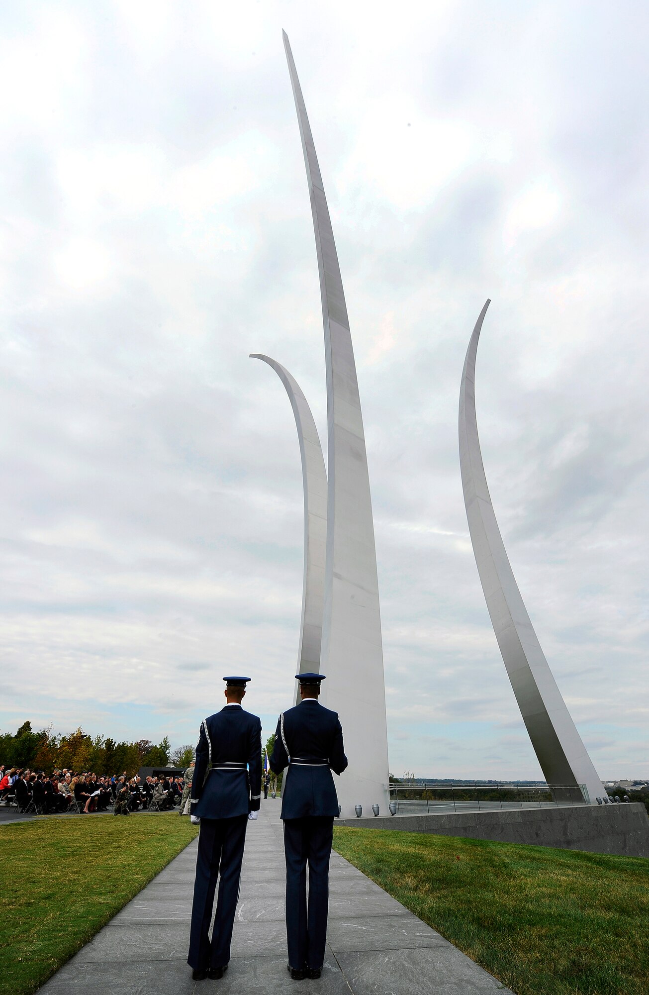 Two U.S. Air Force Honor Guard personnel stand fast during the swearing in of Secretary of the Air Force Michael B. Donley at the Air Force Memorial in Arlington, Va., Oct. 17. (Department of Defense photo/Tech. Sgt. Jerry Morrison)