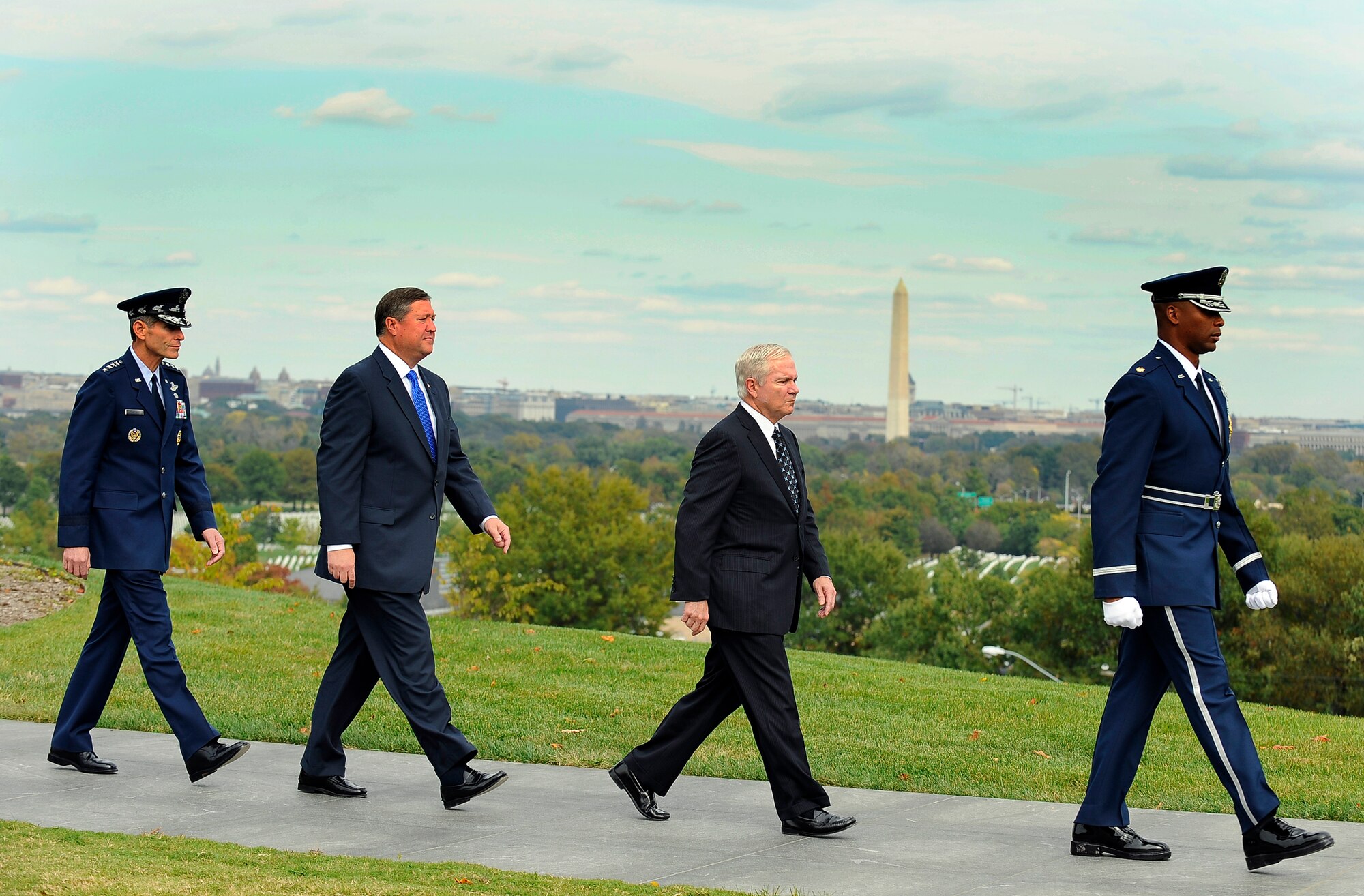U.S. Defense Secretary Robert M. Gates walks with Secretary of the Air Force Michael B. Donley and Air Force Chief of Staff Norton A. Schwartz prior to Secretary Donley's swearing in by Secretary Gates at the Air Force Memorial in Arlington, Va., Oct. 17. (Department of Defense photo/Tech. Sgt. Jerry Morrison)