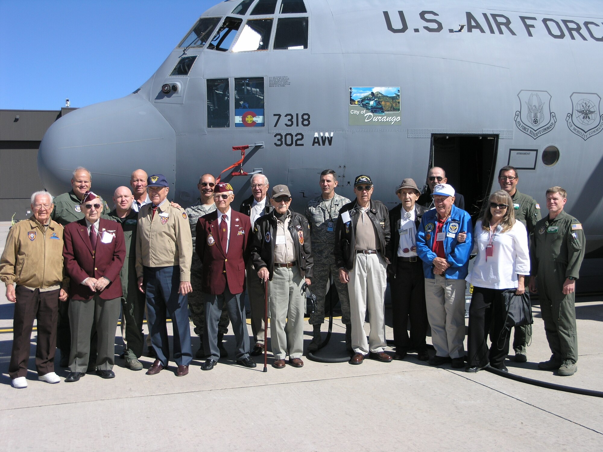 Members of the 302nd Airlift Wing welcomed veterans of The Greatest Generation Foundation during the Wing's inaugural Heritage Day at Peterson Air Force Base, Colo., held Oct. 9, 2008. Wing members were treated to an afternoon with the WWII veterans in attendance who shared war stories and their heritage. (U.S. Air Force photo/Tech. Sgt. David D. Morton)