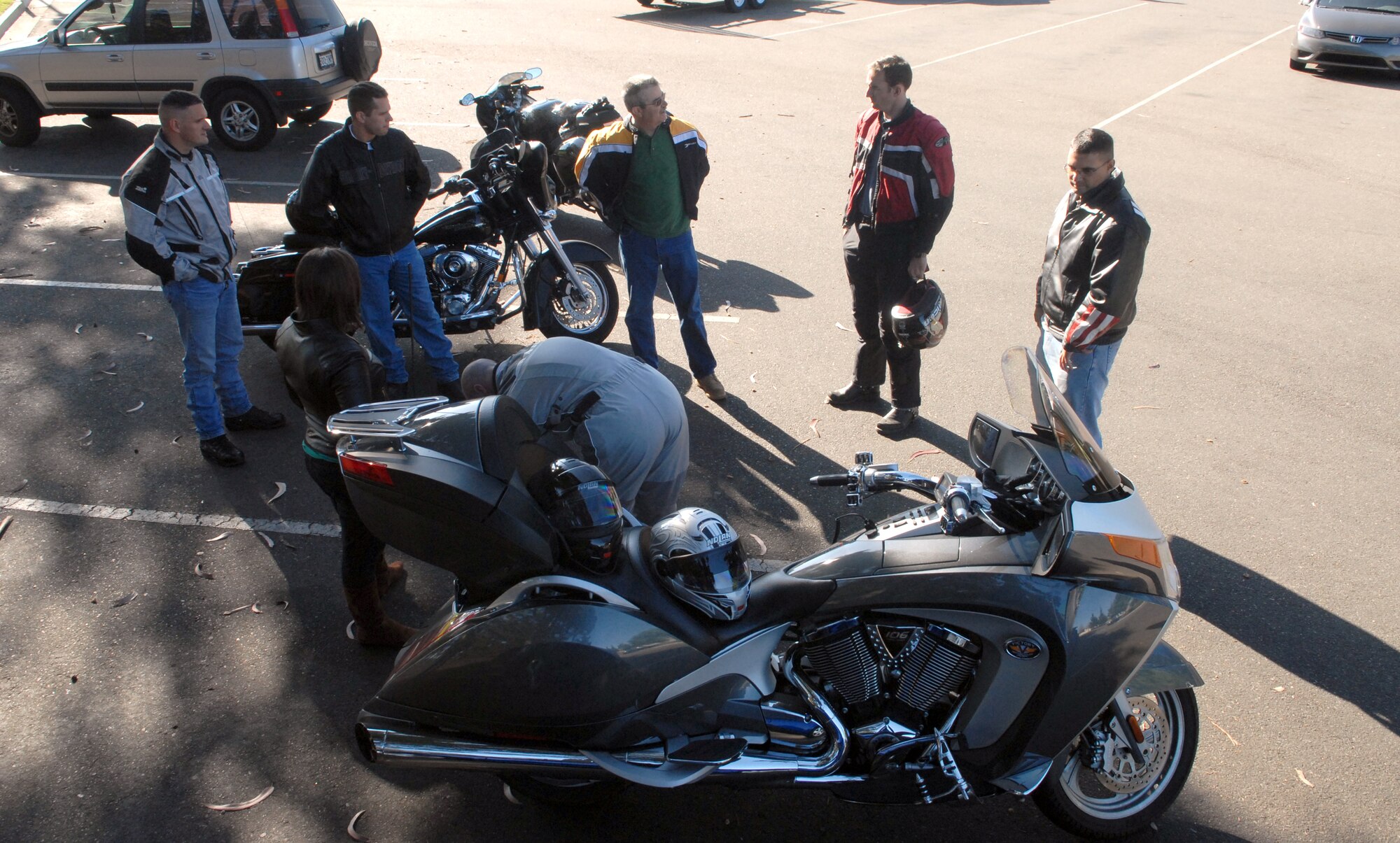 VANDENBERG AIR FORCE BASE, Calif. -  Members of the Green Knights gather around and talk with each other, while awaiting the arrival of the rest of their chapter to show up for their ride on Saturday.
(U.S. Air Force photo by Airman 1st Class Nathaniel Prost)
