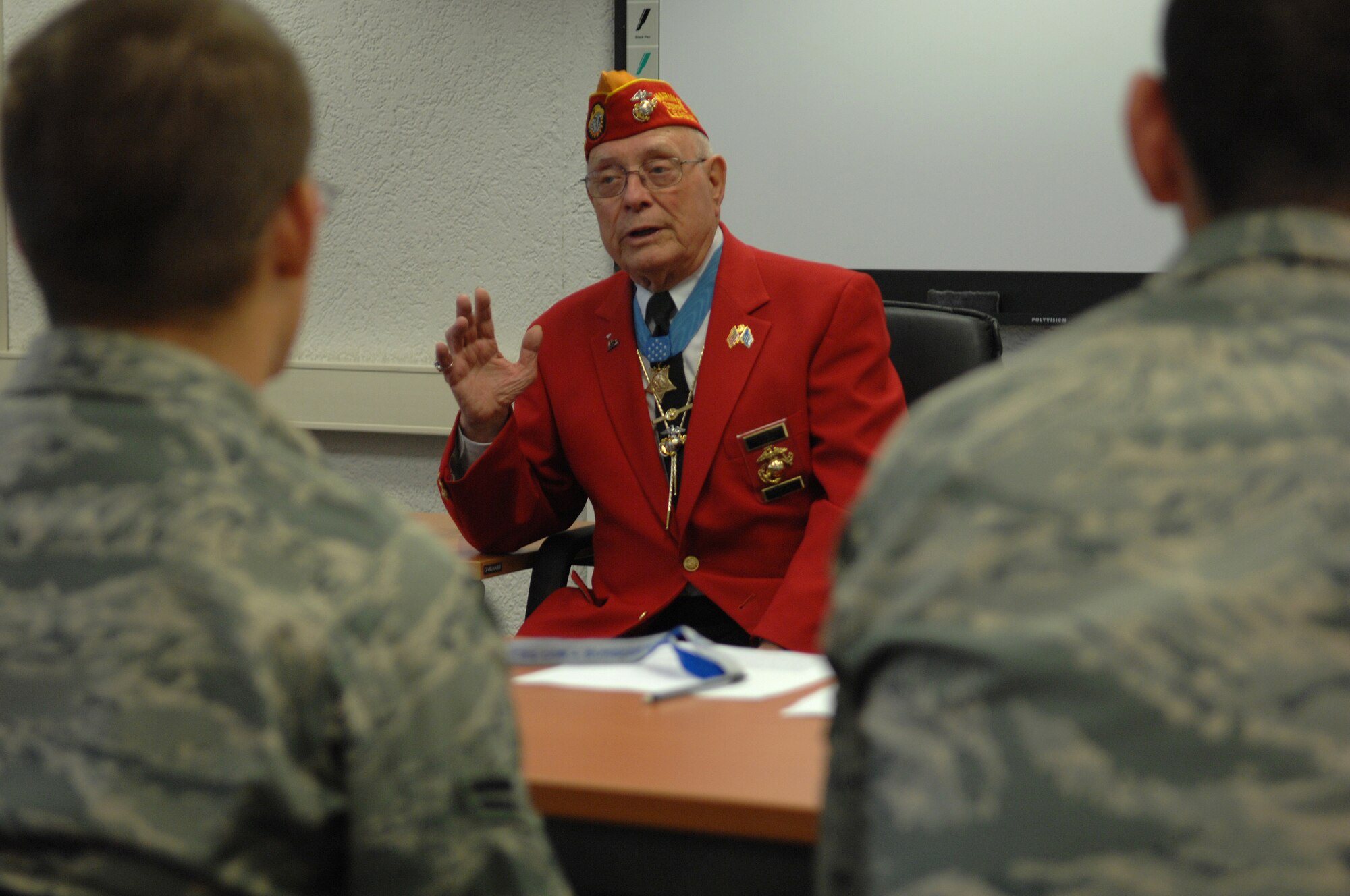 Hershel W. Williams, U.S. Marine Corps, Congressional Medal of Honor recipient, talks to students at the First Term Airmen Center, Ramstein, Germany, Oct. 21, 2008. Mr. Williams was awarded the Medal of Honor for heroic actions during World War II. (U.S. Photo by Airman 1st Class Tony R. Ritter)