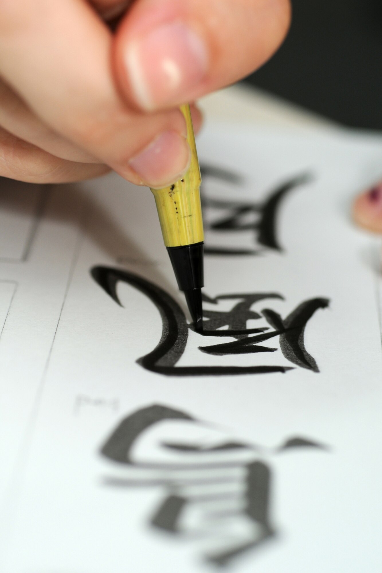 MISAWA AIR BASE, Japan -- Tiffany Brinkerhoff, daughter of Master Sgt. Richard Brinkerhoff, 35th Civil Engineer Squadron, practices calligraphy Oct. 21, 2008, during educators day at Edgren High School. After practicing, students also learned how to write their names using calligraphy. (U.S. Air Force photo by Airman 1st Class Jamal D. Sutter)