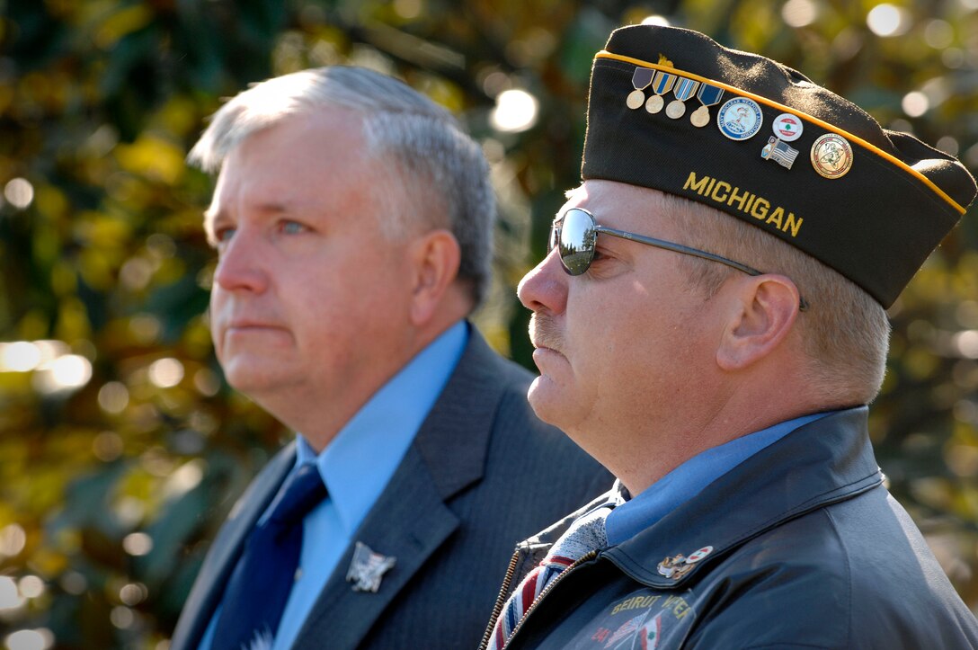 Former Marine Ken Curry, left, and Bill Short, a former sailor, fight back tears during the White House Commission on Remembrance’s 25th annual tribute Oct. 19, 2008, at Arlington National Cemetery to those killed in the Oct. 23, 1983, terrorist attacks on a Marine Corps barracks in Beirut, Lebanon.