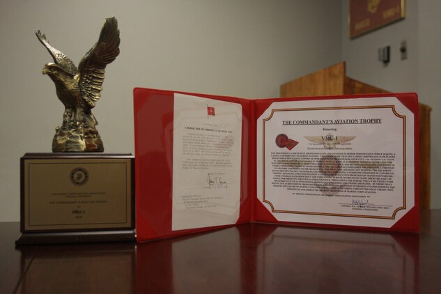 The Commandant’s Aviation Trophy and citation given by the Assistant Commandant of the Marine Corps, Gen. James F. Amos, to Maj. Lance T. Arp, who represented the command of Marine Unmanned Aerial Vehicle Squadron 1 at the Marine Corps Aviation Association 2008 award ceremony on Oct. 18.  VMU-1 is the first unmanned aerial vehicle squadron to receive the award.