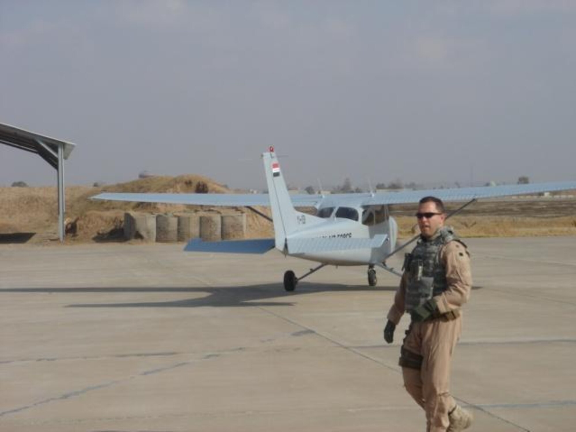 Cutline:  Maj. Joseph Markusfeld launches one of the first solo student sorties in a TC-172 Sky Hawk for the new Iraqi Air Force in December at Forward Operating Base Warrior, Kirkuk, Iraq. The flight was the student’s first-ever solo . (U.S. Air Force photo by Maj. Joseph Markusfeld) 