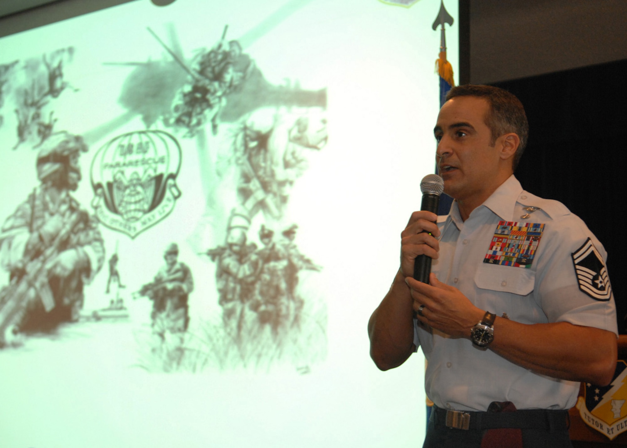 Senior Master Sgt. Raymon Colon-Lopez, commandant for the Air Force Pararescue in Combat Rescue Officer School, shares his journey as a PJ at the Desert Sands Enlisted Club at Holloman Air Force Base, N.M., October 17. Sergeant Colon-Lopez described his life style with a presentation of images and stories for Warrior Call. (U.S. Air Force photo/Airman 1st Class Veronica Salgado)
