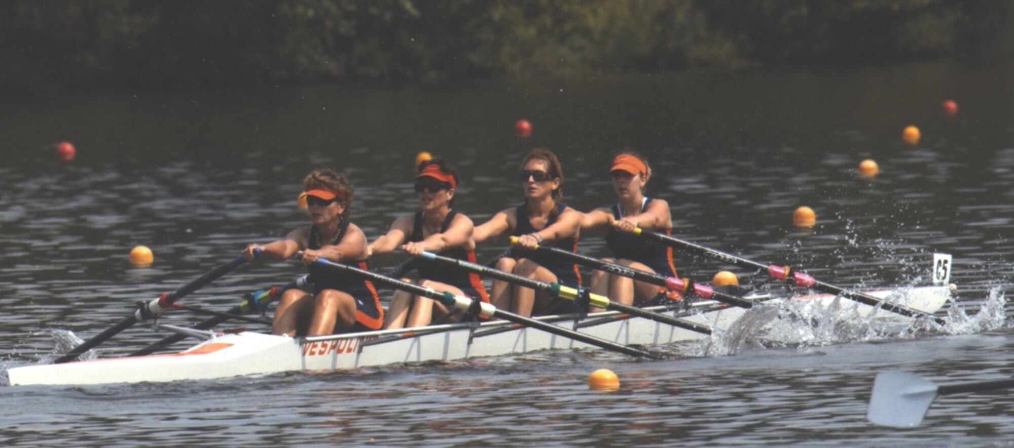 Lt. Col. Rene Bloomer, 439th Aeromedical Staging Squadron chief nurse, helps pull her quad team to victory at the International Masters Regatta in Princeton, N.J. She has competed all season and captured several firsts in singles, doubles and quads , often back-to-back, like the Head of the Hudson Regatta in Albany, N.Y., where she took first in the single and double race in her category. Colonel Bloomer’s weekly training regimen includes rowing up to 50 miles 25 miles biking on weekends, plus weight training. (Courtesy photo)