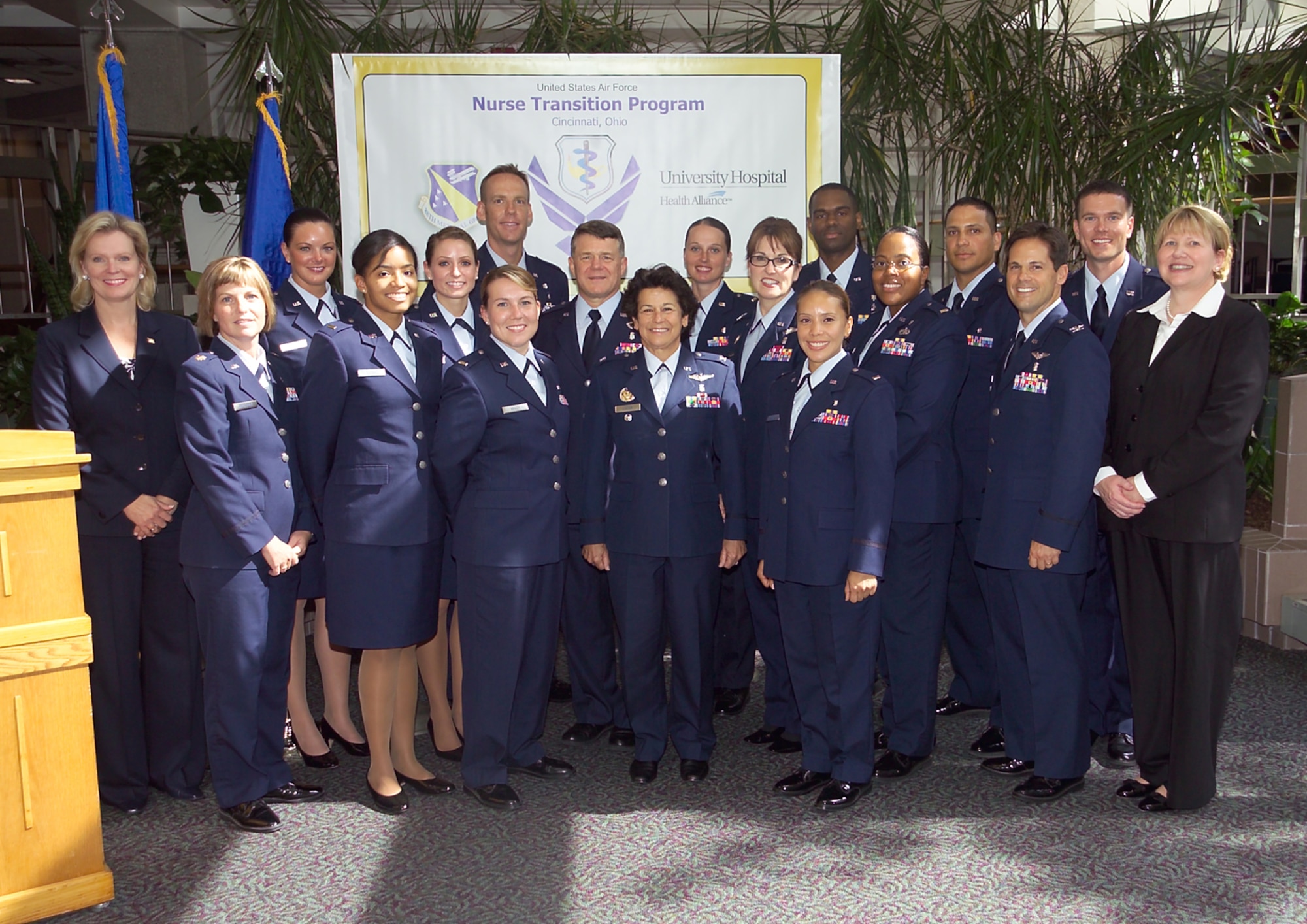 University Hospital Cincinnati and the U.S. Air Force inaugurated the Nurse Transition Program Oct. 7 to provide newly graduated registered nurses advanced clinical and deployment readiness training for service in the Air Force Nurse Corps.  Here Air Force and civilian dignitaries are joined by nurses comprising the first class of the Nurse Transition Program. (U.S. Air Force photo)