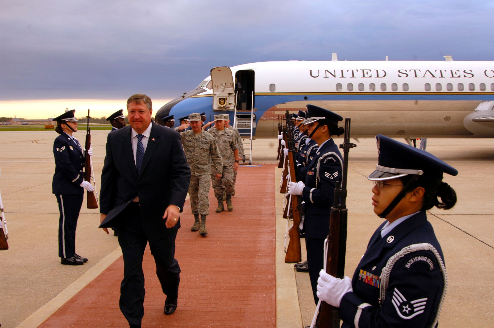 SCOTT AIR FORCE BASE, Ill. -- Secretary of the Air Force, Michael B. Donley, visited Scott Air Force Base Wednesday and was greeted on his arrival by U.S. Transportation Command commander, Gen. Duncan J. McNabb, Air Mobility Command commander, Gen. Arthur J. Lichte, 375th Airlift Wing commander, Col. Gary Goldstone, in addition to the base Honor Cordon. The visit was Secretary Donley’s first to Scott and his first  to any AMC base.
(US Air Force photo/Airman 1st Class Wesley Farnsworth)