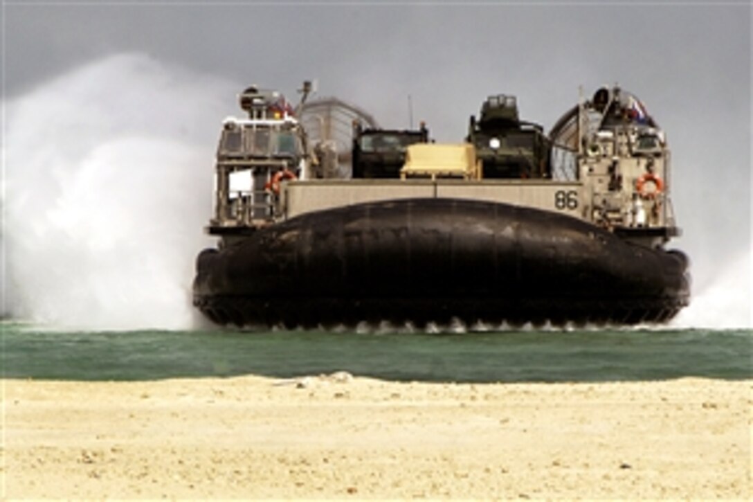 A landing craft air cushion conducts operations from the multi-purpose amphibious assault ship USS Iwo Jima in the Middle East, Oct. 18, 2008. The USS Iwo Jima is deployed as part of the Iwo Jima Expeditionary Strike Group supporting maritime security operations  in the U.S. 5th Fleet area of responsibility.
