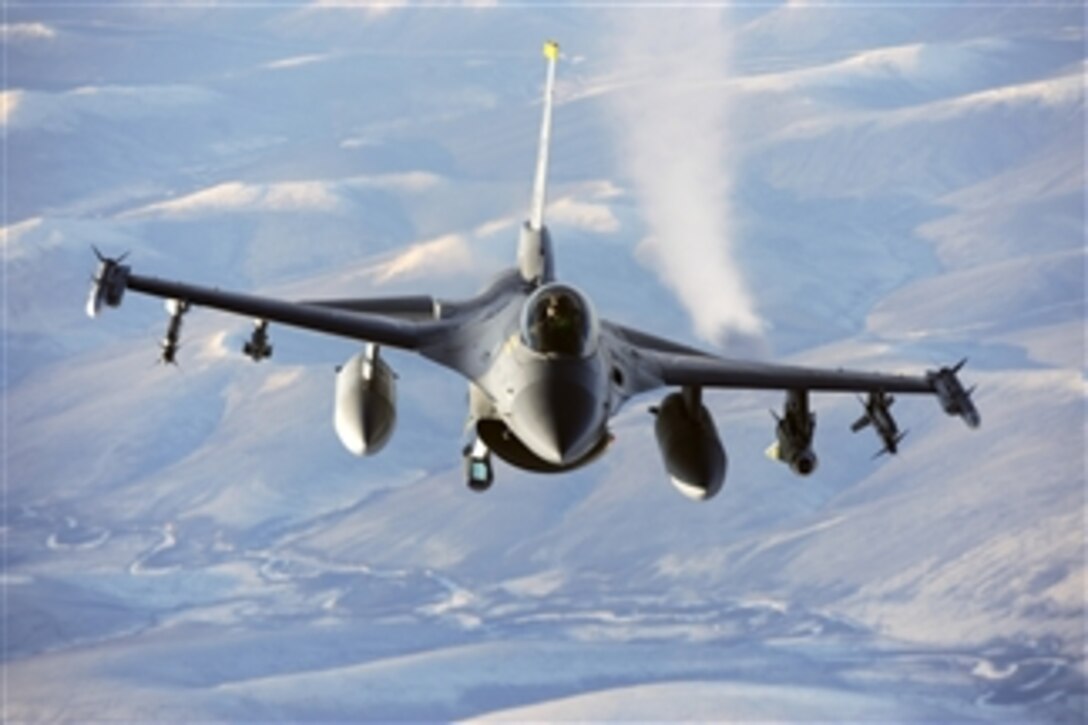 An F-16 Fighting Falcon aircraft flies over the Pacific Alaskan Range Complex during Red Flag - Alaska, a Pacific Air Forces-directed field training exercise for U.S. and coalition forces flown under simulated air-combat conditions on Oct. 16, 2008.  The aircraft is from the 80th Fighter Squadron out of Kunsan Air Base, Korea.  