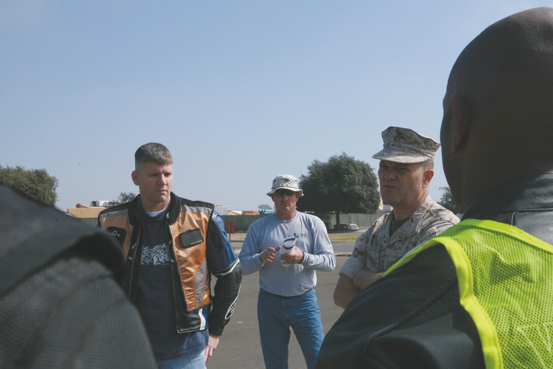 Maj. Gen. Michael R. Lehnert, commanding general, Marine Corps Installations West, speaks about motorcycle safety during a Military Sport Bike Rider course at the South Mesa Club here, Oct. 21.