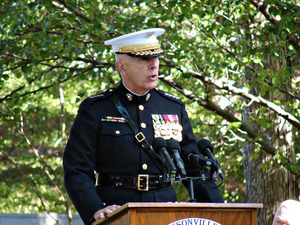 General James T. Conway, commandant of the Marine Corps, delivers the Beirut Memorial Service Address during the 25th Beirut Bombing Observance Ceremony at the Camp Lejeune Memorial Gardens aboard Marine Corps Base Camp Lejeune,::r::::n::N.C. Oct 23. 'You can bloody our uniforms, you can fill our hearts with sorrow, but you can't stop us,' said Gen. Conway. 'We will replenish those units, and we will come after you with a terrible resolve.'