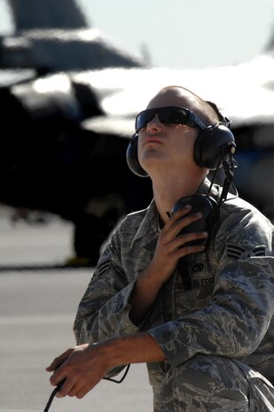 Senior Airman Johnathan DeWerdt, an F-15E crew chief assigned to the 4th Aircraft Maintenance Squadron, Seymour Johnson Air Force Base, N.C., performs pre-flight maintenance checks for a training mission during Red Flag 09-1 at Nellis AFB, Nev., Oct. 22, 2008. Red Flag is a multi-national exercise providing a realistic environment to practice combat scenarios. The experience gained during the exercise is vital to the survival of pilots in combat.
(U.S. Air Force Photo/Senior Airman Larry E. Reid Jr.)