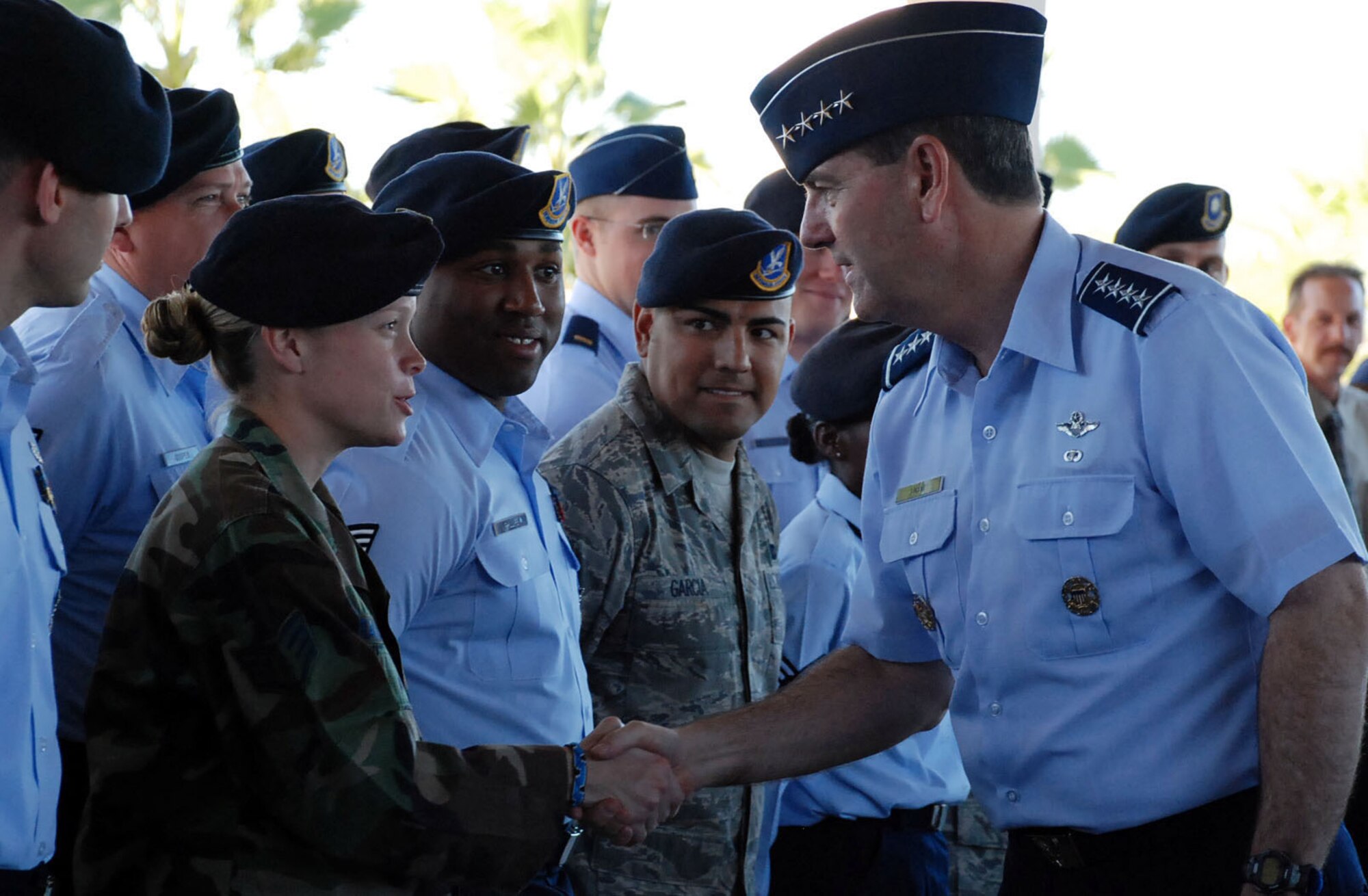 LAUGHLIN AIR FORCE BASE, Texas – Gen. Stephen Lorenz, Air Education and Training Command commander, shakes Staff Sgt. Julie Ramsey’s hand while greeting every person lined up along the path to the Laughlin Manor Oct. 20. General Lorenz made a two-day visit here to meet Laughlin Airmen and to get a feel for the base’s pilot training mission. (U.S. Air Force photo by Airman 1st Class Sara Csurilla)
