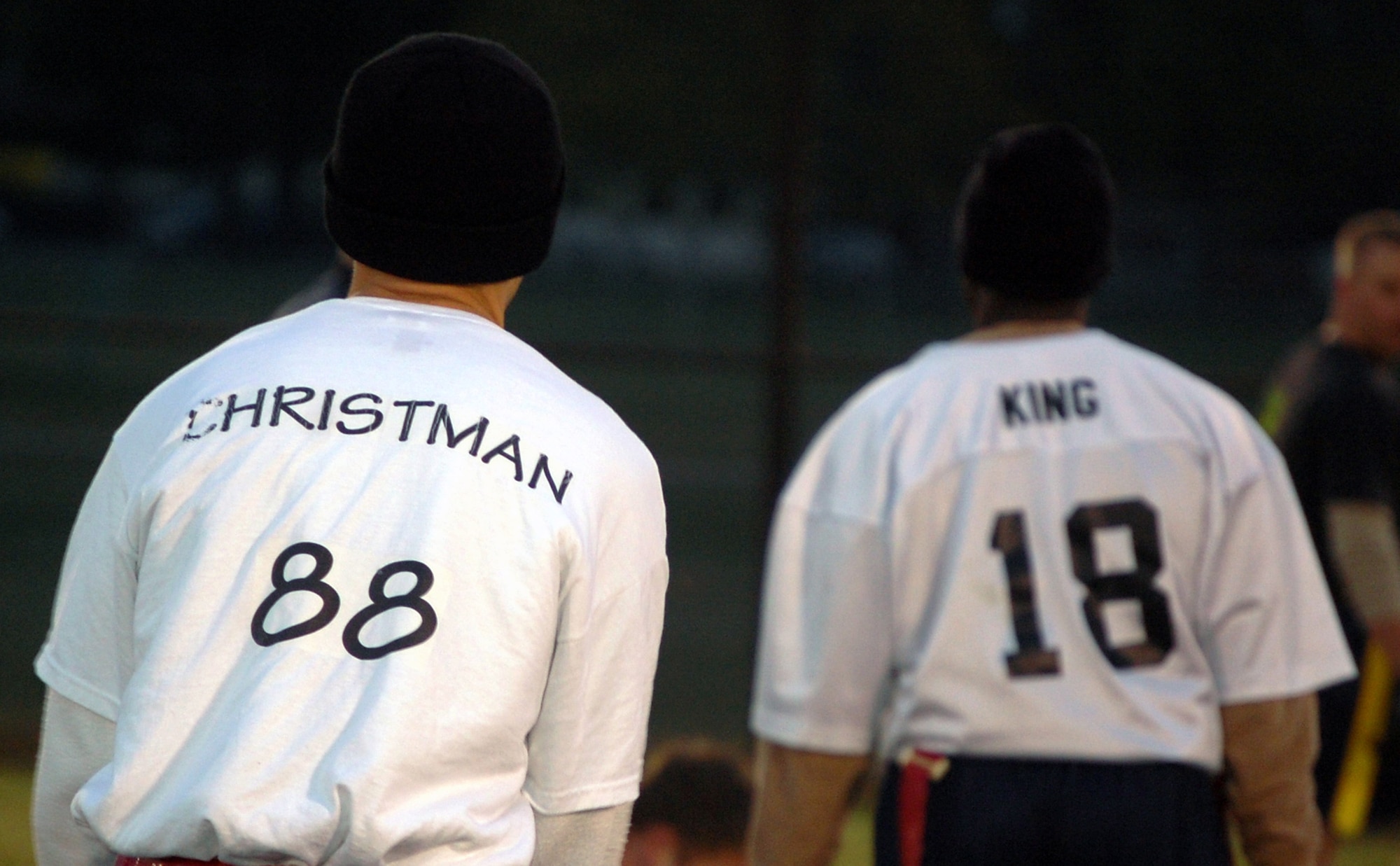 Zach Christman and Rayshawn King from the U.S. Air Force Expeditionary Center's "Screaming Eagles" intramural flag football team wait for the next play to start during football action Oct. 22, 2008, against the 305th Services Squadron on McGuire Air Force Base, N.J.  The USAF EC defeated McGuire Services 12-6 to improve to 9-3 on the season.  (U.S. Air Force Photo/Tech. Sgt. Scott T. Sturkol)