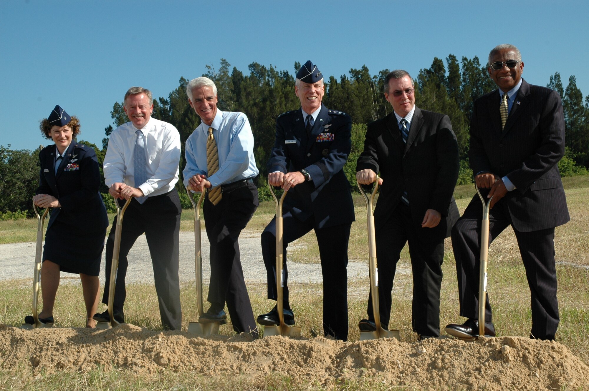Taking part in the dedication ceremony of Space Launch Complex 36 Oct. 21 at Cape Canaveral Air Force Station ar (from left to right) 45th Space WIng Commander, Brig. Gen. Susan Helms, Florida Lt. Governor Jeff Kottkamp, Florida Governor Charlie Crist, 14th Air Force Commander, Lt. Gen. William Shelton, Space Florida President Steve Kohler, and Gen. (Ret.) Lloyd "Fig" Newton`