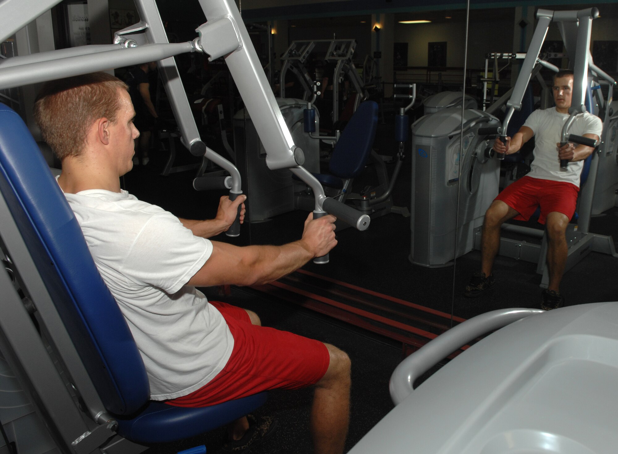 WHITEMAN AIR FORCE BASE, Mo. – Airman 1st Class Drew Hammes, 509th Maintenance Group, exercises on one of 15 new work-out machines Oct. 18. The new machines cost more than $60,000 and are expected to be in use at the fitness center for five years. Along with the new work-out machines, the fitness center recently added six new elliptical machines and is expected to add more work-out equipment to their inventory shortly as well as adding 53 fitness classes this month. (U.S. Air Force photo/Senior Airman Stephen Linch)