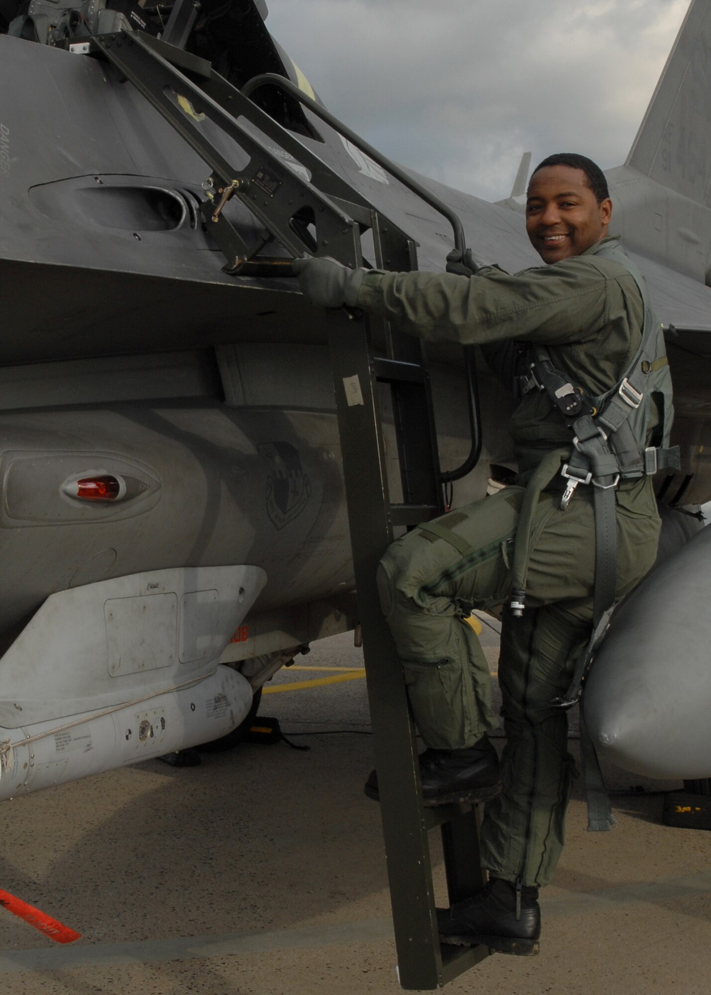 SPANGDAHLEM AIR BASE, Germany – Staff Sgt. Montrell Bryant, 22nd Aircraft Maintenance Unit, prepares to take an incentive flight Oct. 17, 2008. Sergeant Bryant earned his incentive flight for his selection as Maintenance Superior Performer. (U.S. Air Force photo by Airman 1st Class Allen Pollard)
