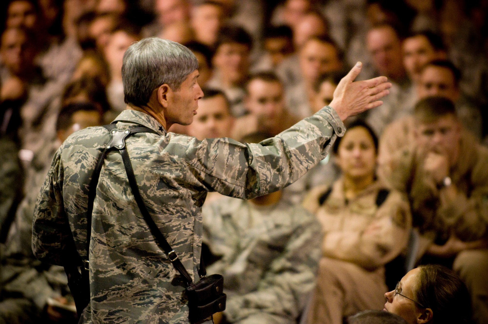 Air Force Chief of Staff Gen. Norton A. Schwartz holds an Airmen's Call Oct. 21 at Bagram Air Field, Afghanistan. General Schwartz hosted an open forum for Airmen to directly ask him questions about his vision for the future of the U.S. Air Force. (U.S. Air Force photo/Staff Sgt. Samuel Morse) 
