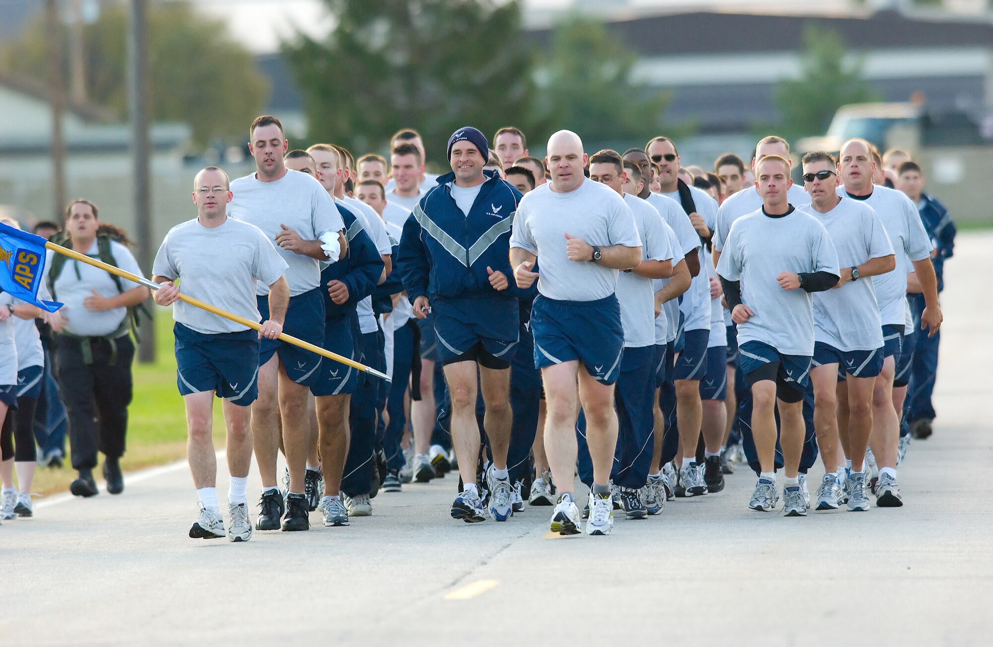 Lt. Col. William Peterson, 436th Aerial Port Squadron commander, leads the 436th APS during the Warrior Run Oct. 17.  Nearly 700 Dover Airmen participated in the warrior run, the kickoff event to Wing Sports Day.  (U.S. Air Force photo/Jason Minto)