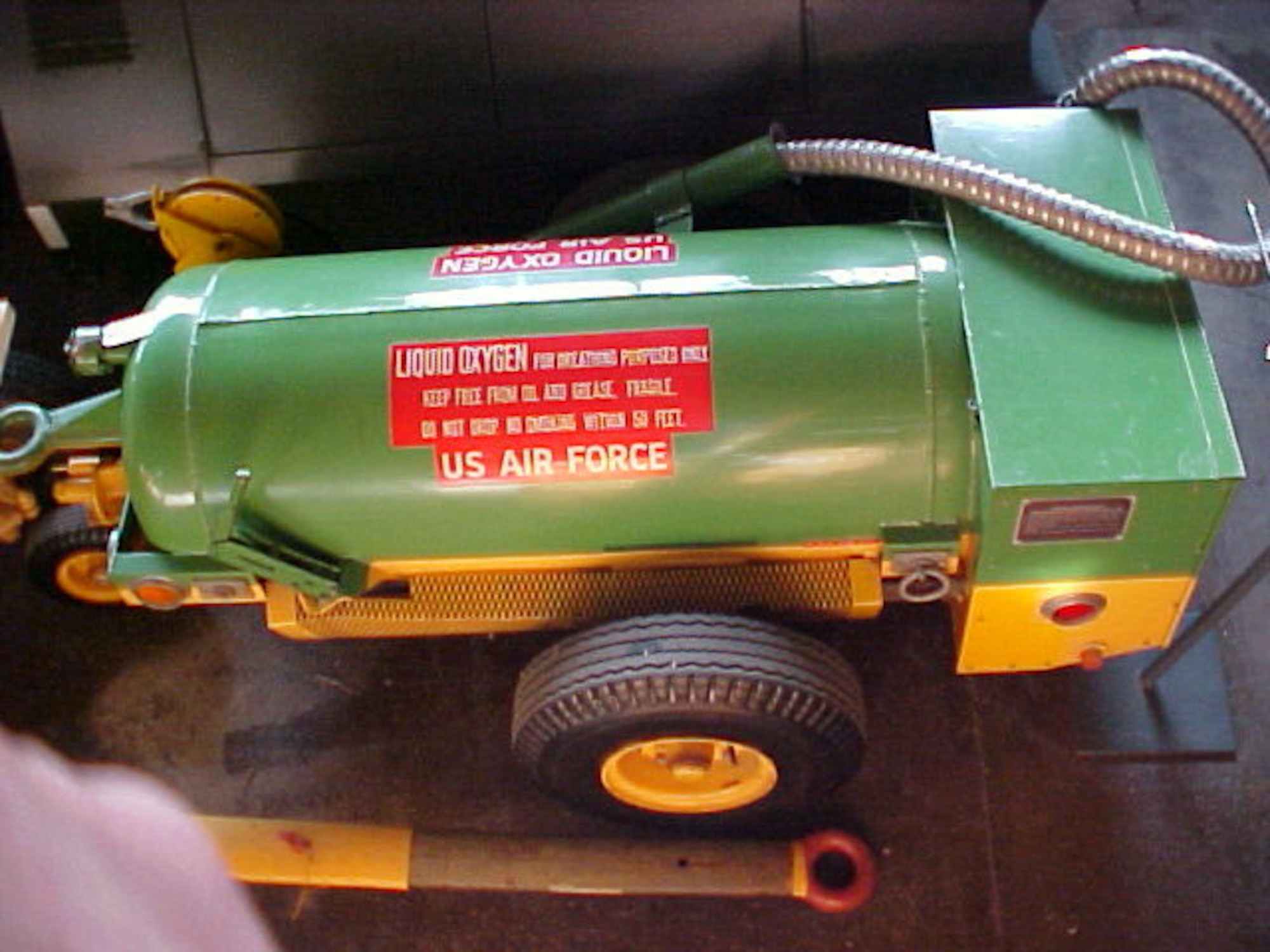 The TMU-27/M 50-gallon liquid oxygen (LOX) tank was used to refill aircraft LOX systems (for crew breathing at high altitude). This type of cart entered USAF service in 1969 and also was designed for use with argon and nitrogen. The use of liquid oxygen as a source of breathable oxygen was introduced in the late 1950s as a means of saving space and weight over the gaseous oxygen systems then in use in Air Force aircraft. (U.S. Air Force photo)