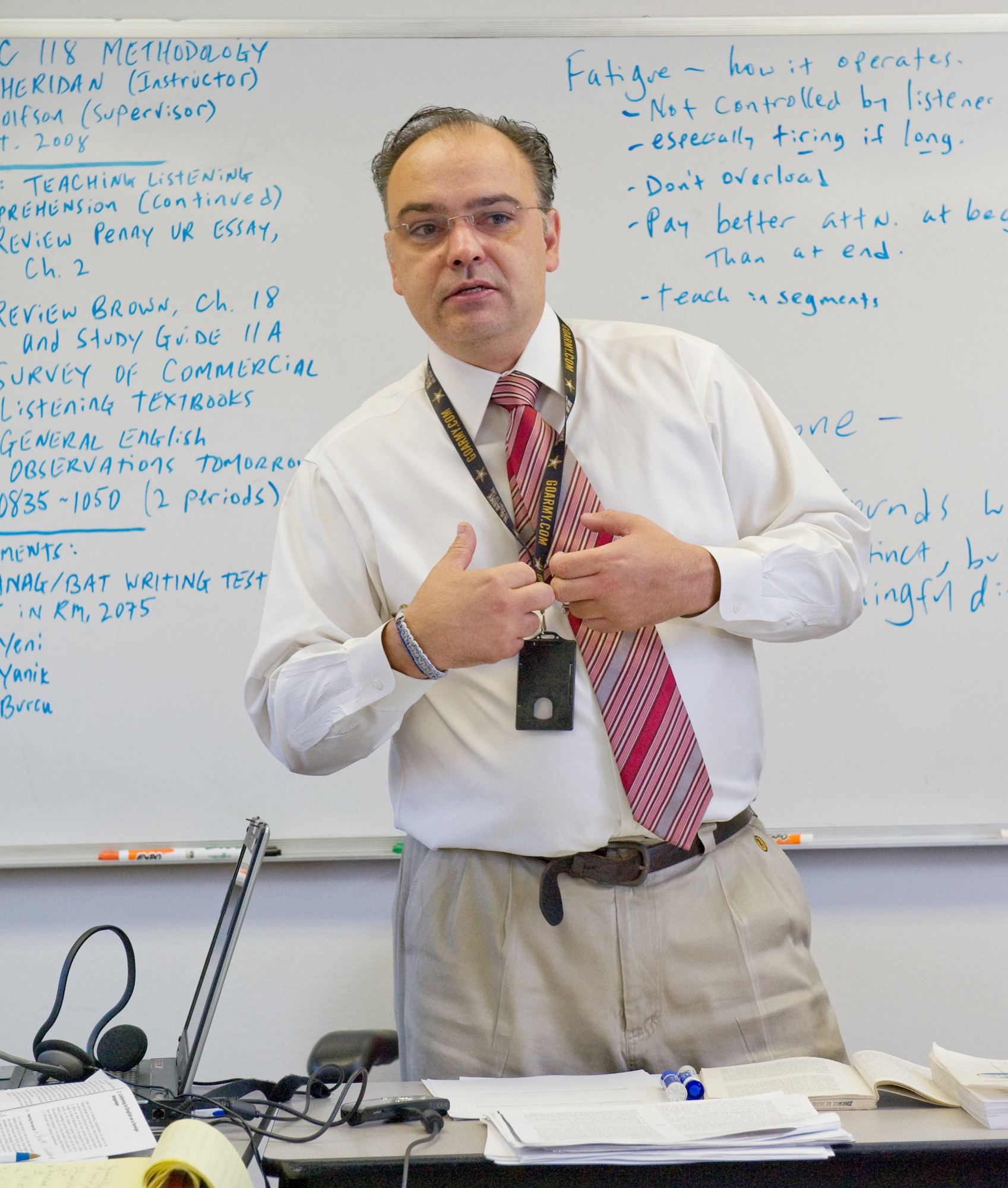 Michael Sheridan discusses the elements of listener fatigue and words that sound the same, but means different things during the American English Language Instructor Course Oct. 22 at the Defense Language Institute at Lackland Air Force Base, Texas.  Mr. Sheridan is an English Instructor in the Instructor Development Branch. (U.S. Air Force photo/Lance Cheung)
