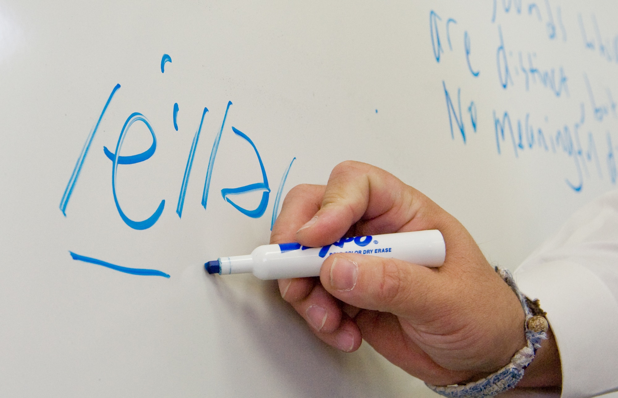 Michael Sheridan discusses pronunciation during the American English Language Instructor Course Oct. 22 at the Defense Language Institute at Lackland Air Force Base, Texas. Mr. Sheridan is an English Instructor in the Instructor Development Branch. (U.S. Air Force photo/Lance Cheung)