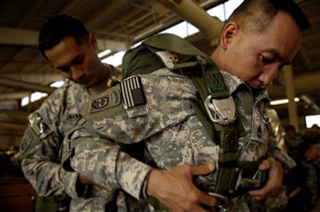 U.S. Army Sgt. 1st Class Eduardo Atienza, of the 2nd Brigade Combat Team, 319th Airborne Field Artillery Regiment, gets an equipment check from Capt. Allen Jackman during a joint forcible entry exercise at Pope Air Force Base, N.C., on Oct. 21, 2008.  The forcible entry exercise provides U.S. Army soldiers assigned to the 82nd Airborne Division with training on real-world contingency operations.  
