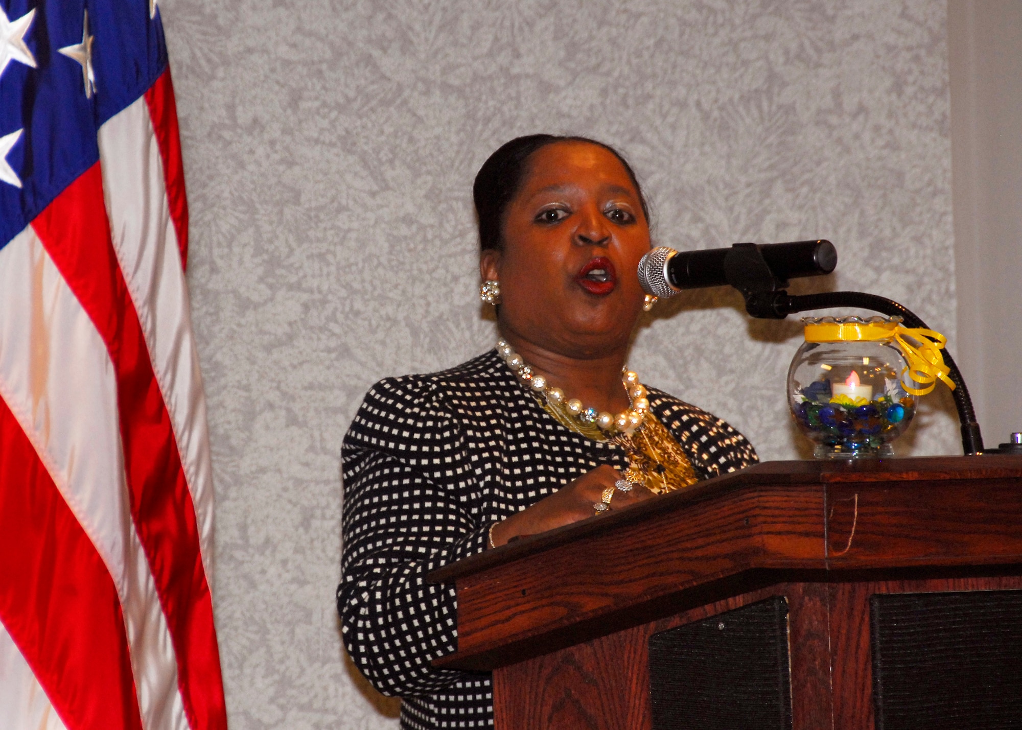 Pearlene Carr, a guest speaker with the 82nd Contracting Squadron, shares her experiences with disabilities at the Annual National Disability Employment Awareness Month luncheon held at the Sheppard Club Oct. 23. (U.S. Air Force photo/Harry Tonemah)