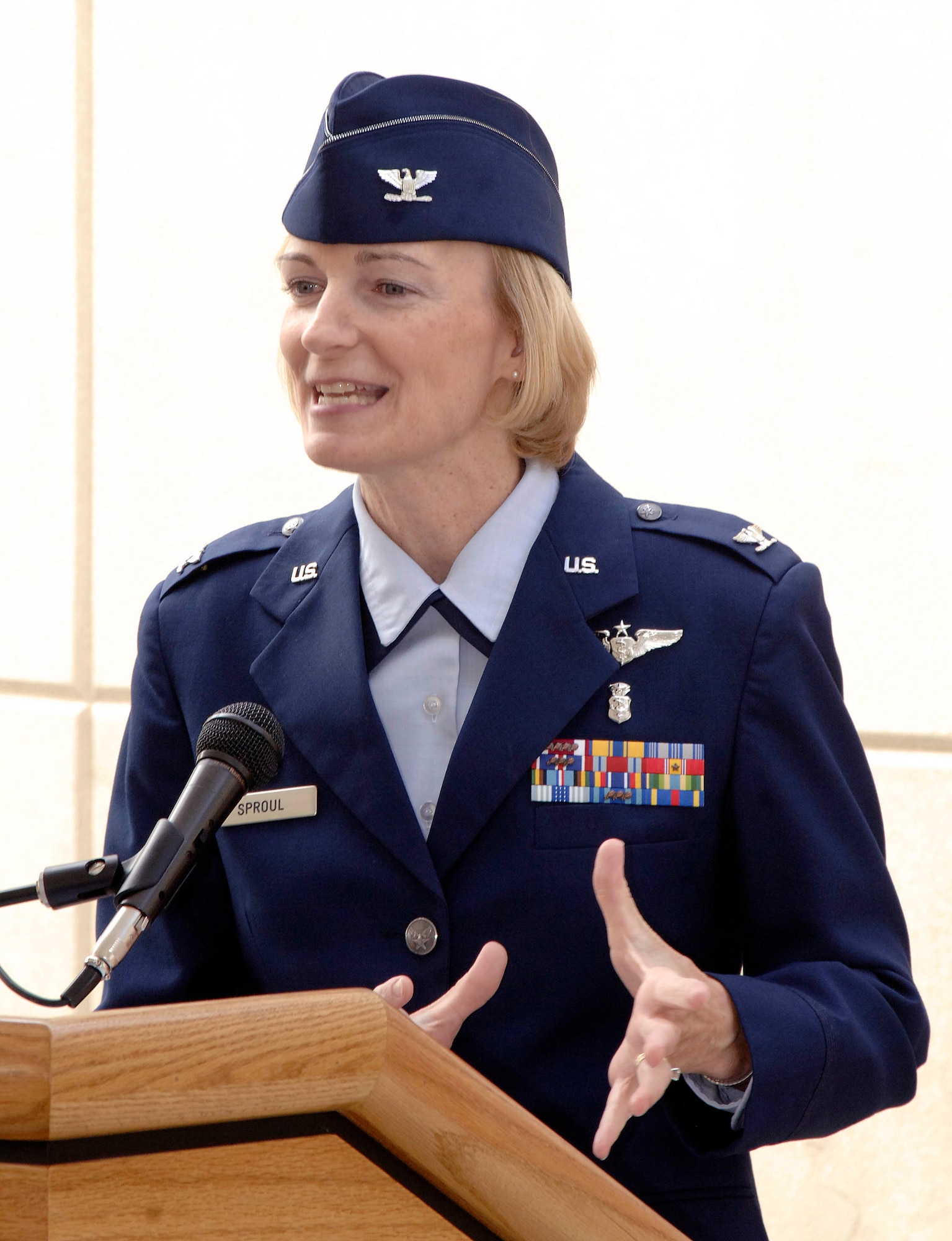 SPOKANE, Wash. – Col. Anne Sproul, 92nd   Medical Group commander, speaks about how the new MRI clinic will benefit veterans Oct. 17. Washington Congresswoman Cathy McMorris Rodgers was also in attendance during the ceremony. (U.S. Air Force photo / Staff Sgt. JT May III)