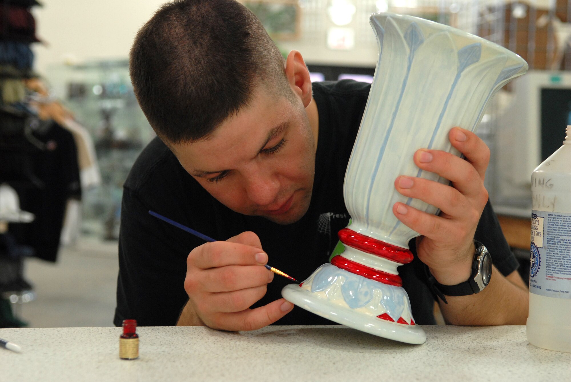 Specialist Regis Cunningham, 344th Military Intelligence Battallion linguist student, works on a ceramics project in the newly-remodeled Goodfellow Arts and Crafts Center Oct. 14. The center boasts a large ceramics area and a woodshop available for use anyone with access to the base. (U.S. Air Force photo by Senior Airman Kasabyan Musal)