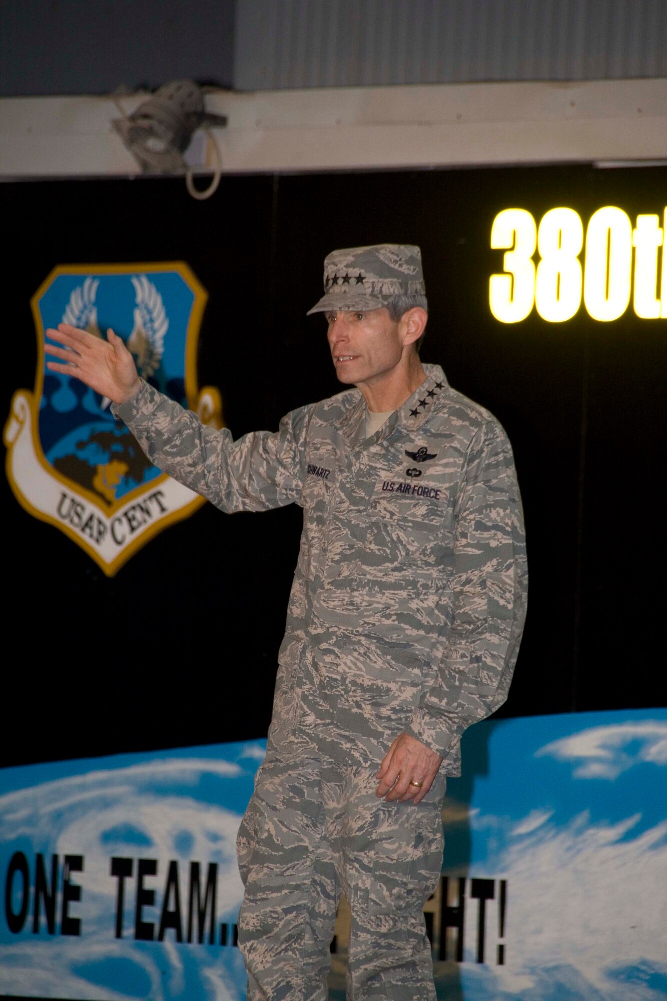 SOUTHWEST ASIA -- Chief of Staff of the Air Force Gen. Norton Schwartz speaks to the 380th Air Expeditionary Wing here Oct. 22. General Schwartz visited the 380th Air Expeditionary Wing to gain a better understanding of the infrastructure and capabilities of one the smaller but most diverse bases in the Area of Responsibility. (U.S. Air Force photo/Staff Sgt. Clayton Allen)(released)