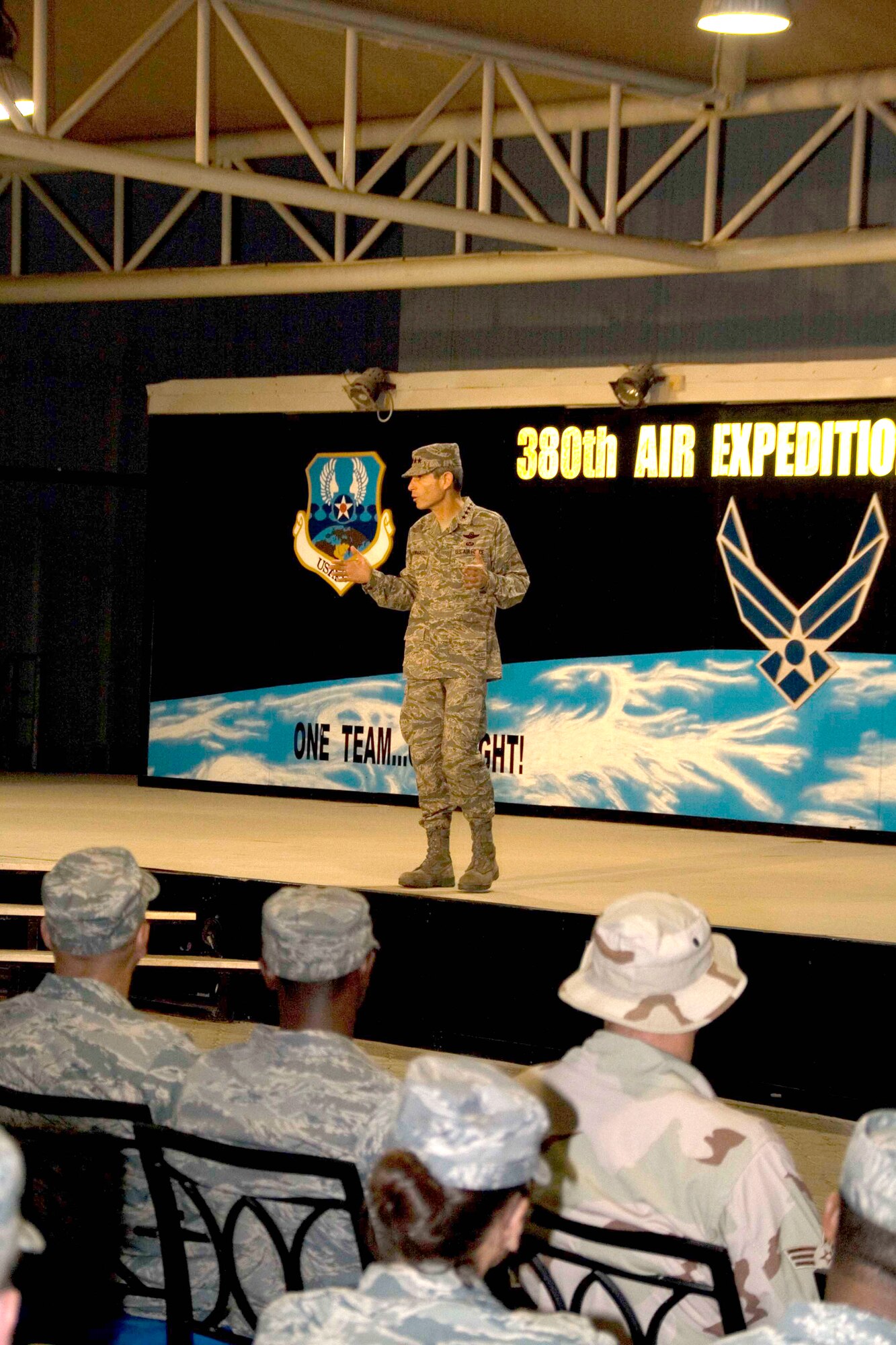 SOUTHWEST ASIA -- Chief of Staff of the Air Force Gen. Norton Schwartz speaks to the 380th Air Expeditionary Wing here Oct. 22. General Schwartz visited the 380th Air Expeditionary Wing to gain a better understanding of the infrastructure and capabilities of one the smaller but most diverse bases in the Area of Responsibility. (U.S. Air Force photo/Staff Sgt. Clayton Allen)(released)